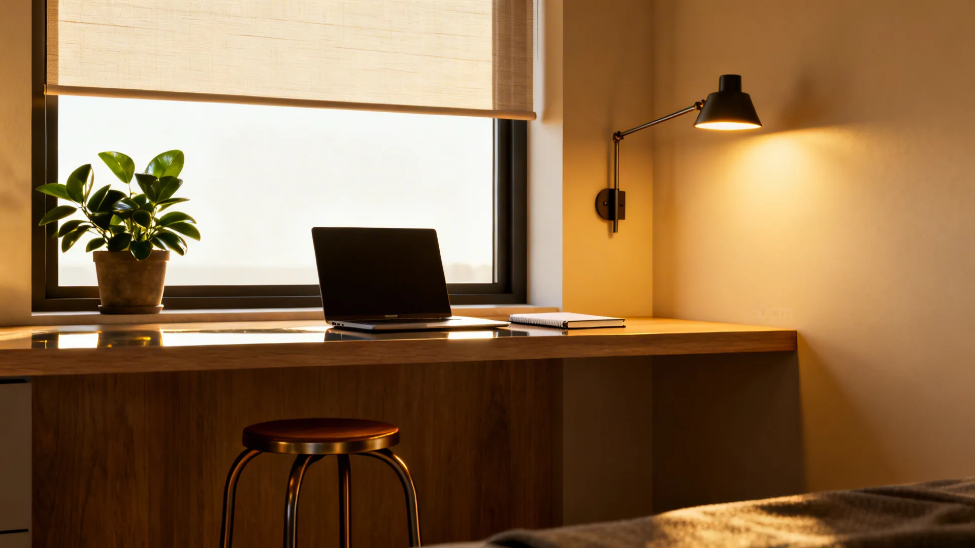 Slim floating desk under a bright window with a wall-mounted lamp and roller shade.