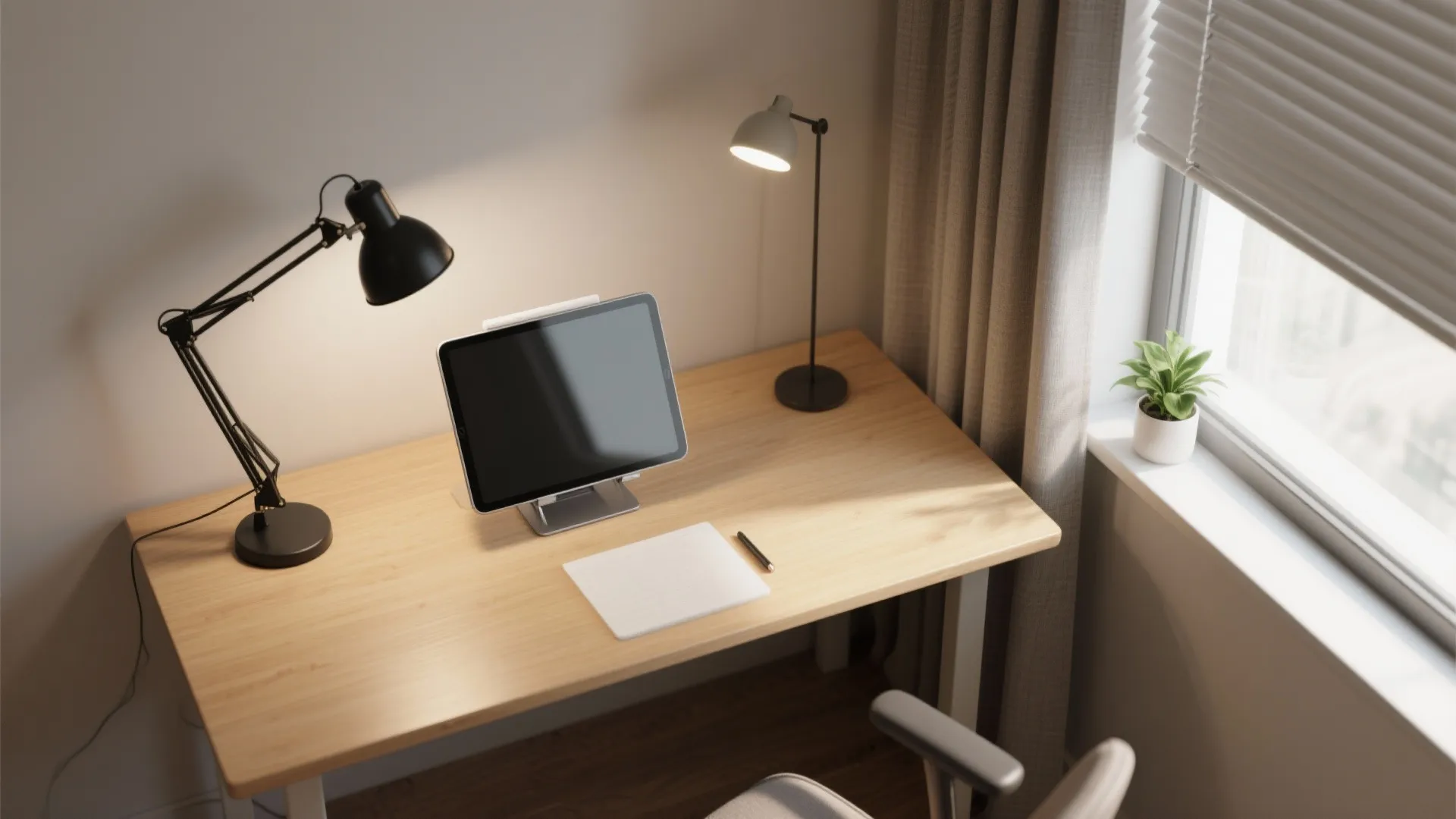 Window-Facing Desk with Layered Lighting & Glare Control