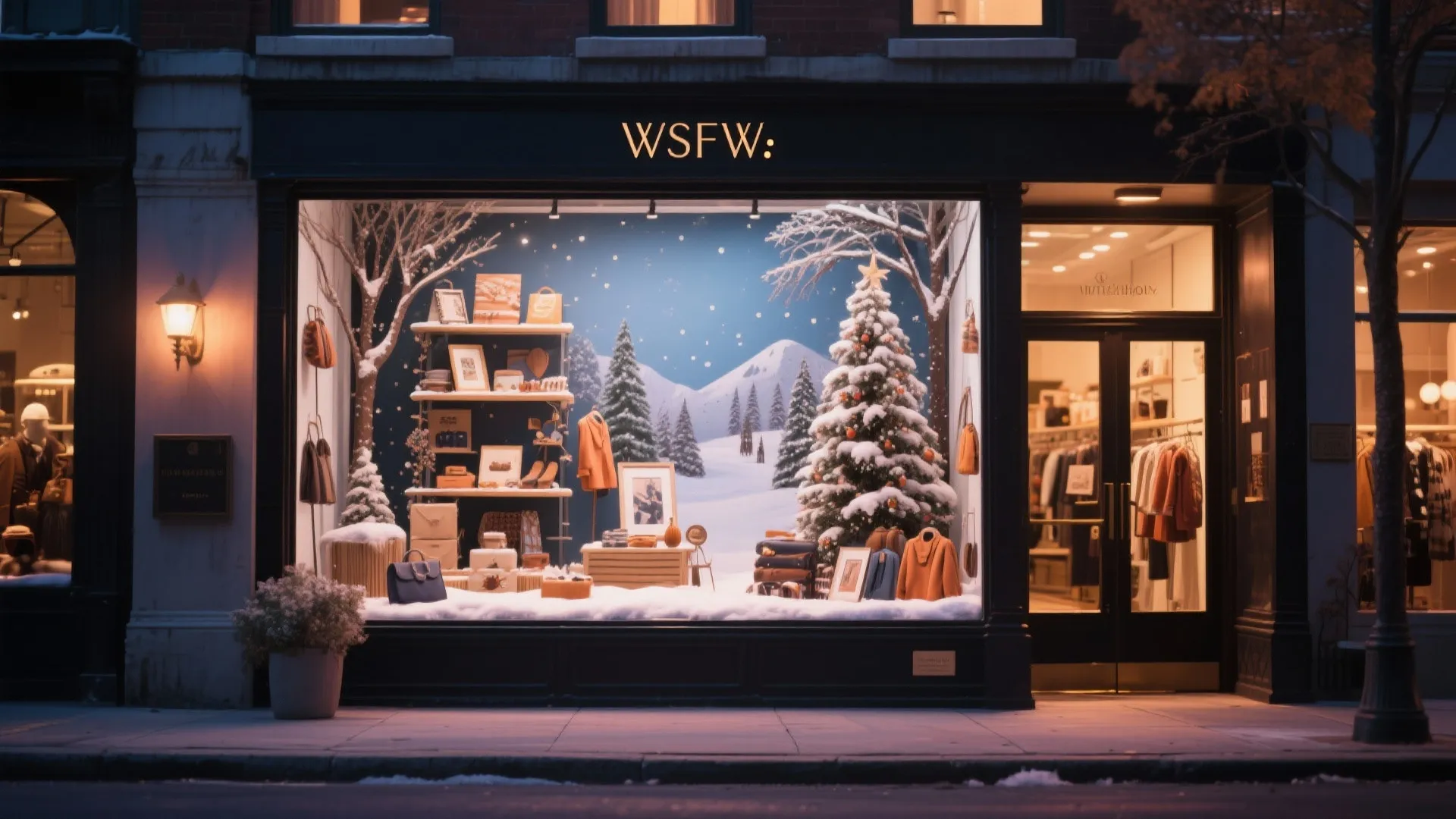 Clothing store window display with Christmas tree snowy mountain background and wooden shelves for merchandise