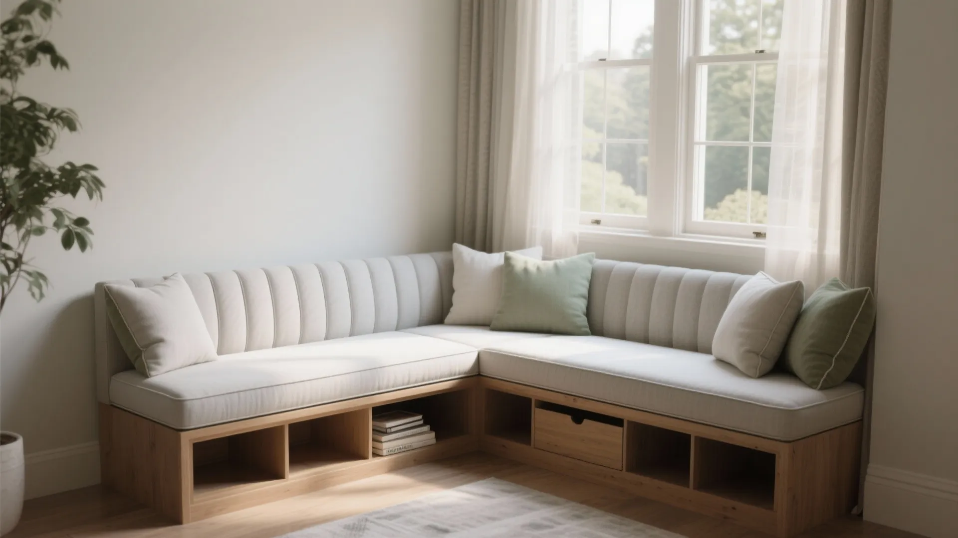 Built in corner seating area with white cushions wooden storage base near a large window
