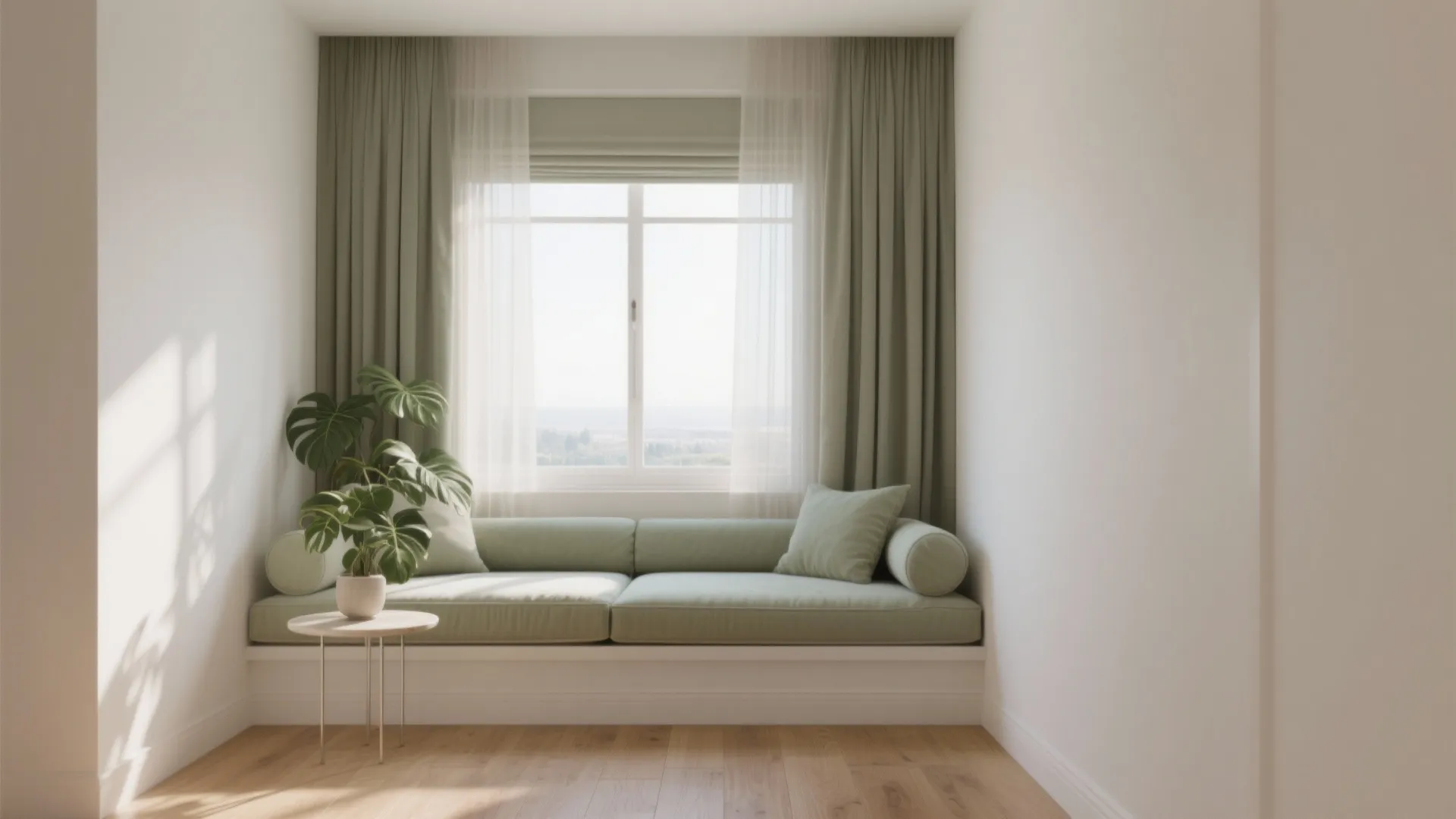 Built in window seat with green cushions and curtains featuring a small table with plant