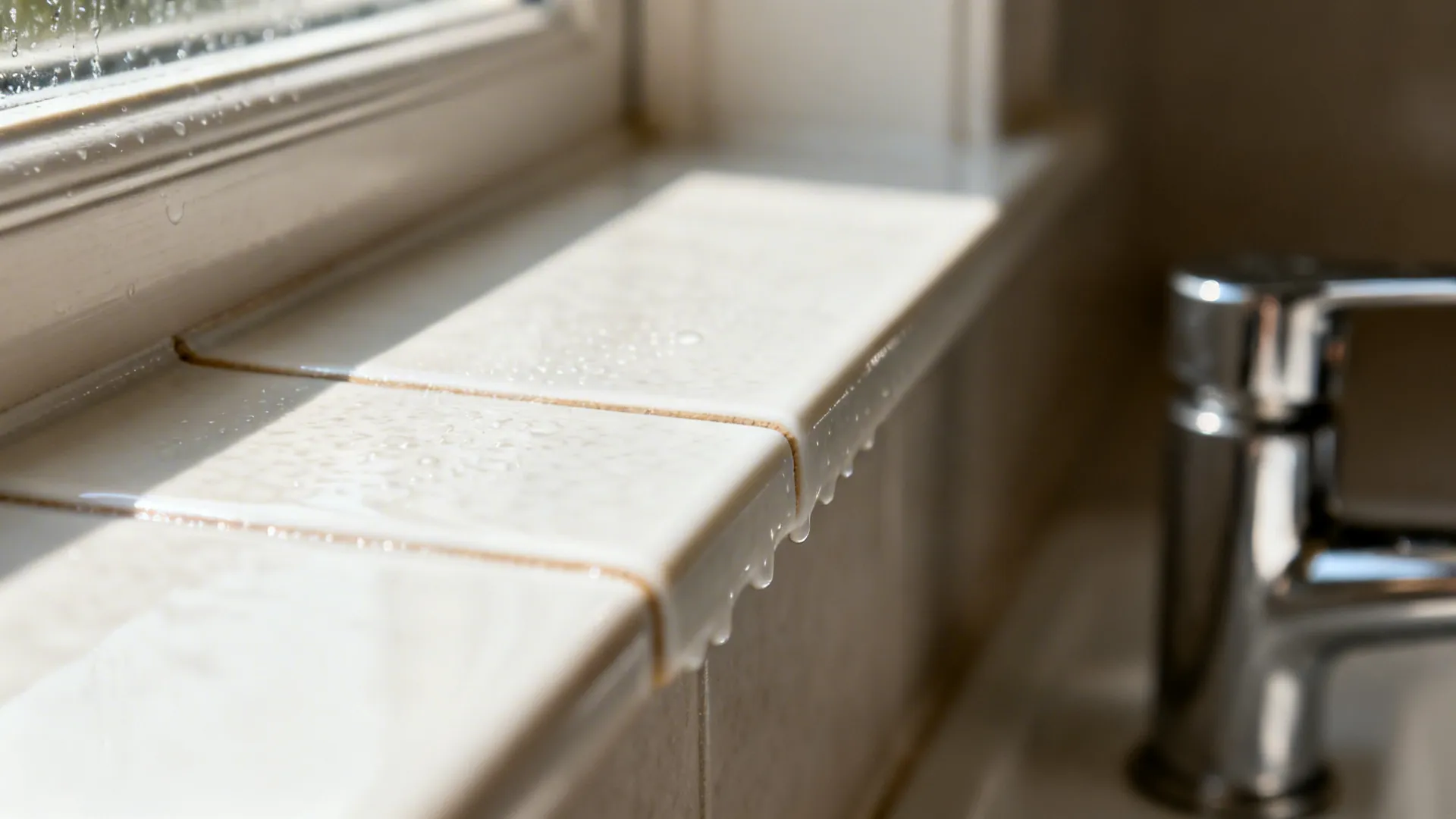 Macro of a porcelain slab window ledge with a subtle drip edge and clean joint detailing.