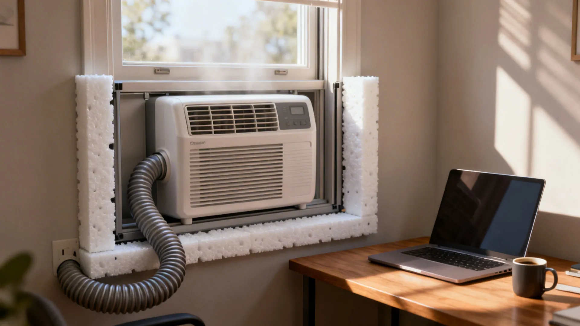 Portable AC with flexible exhaust hose and a sealed window panel in a small room