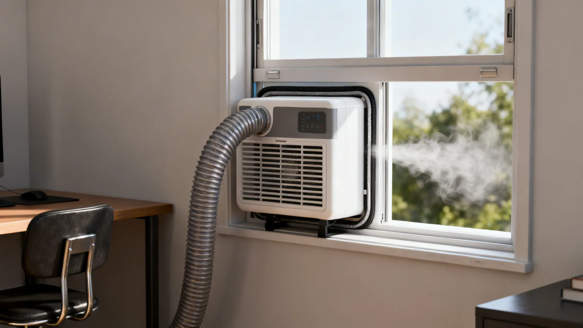 Window-mounted portable cooler with exhaust hose and a sealed window in a small room