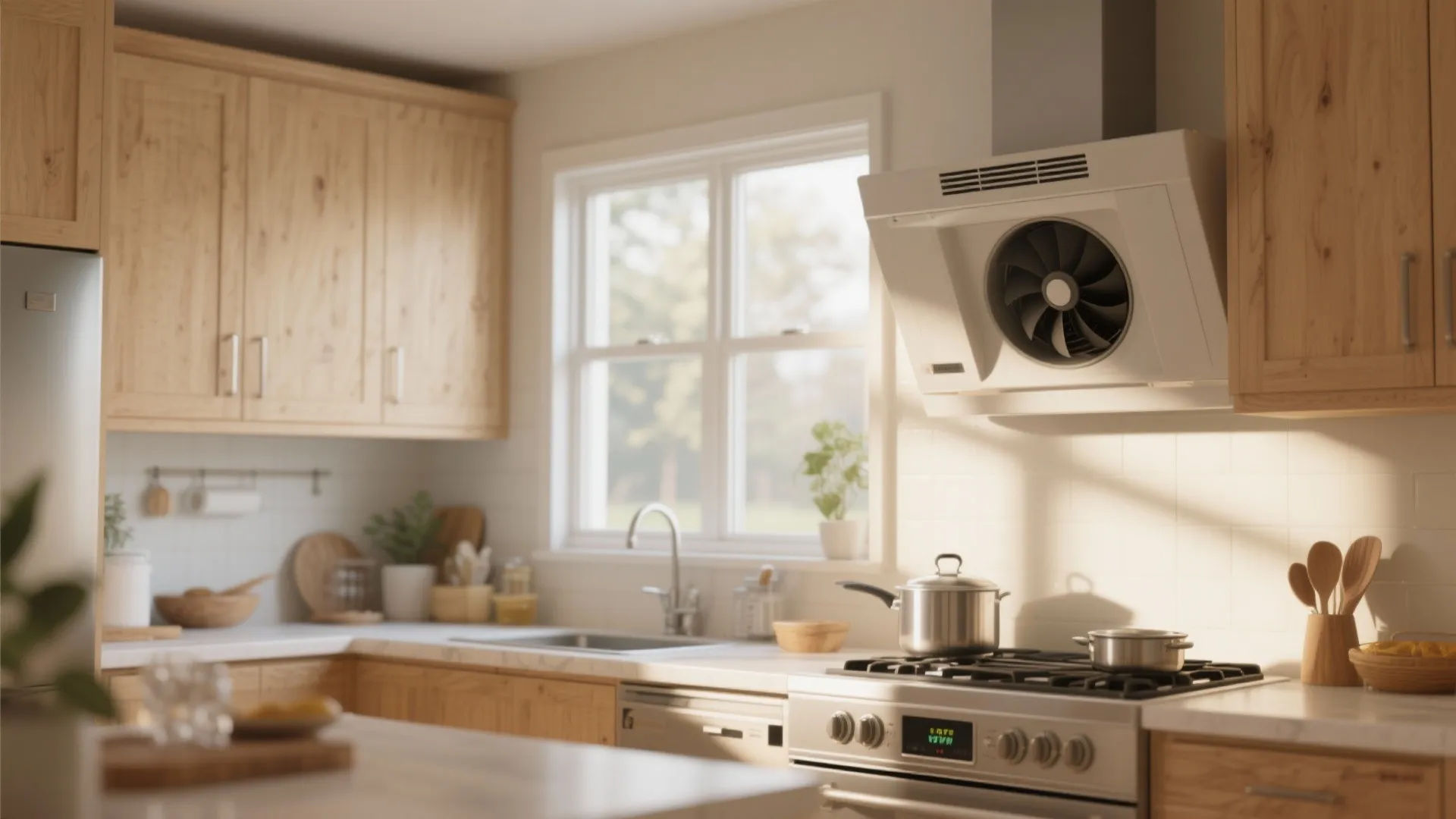 Modern kitchen with wooden cabinets featuring a white exhaust fan mounted above a gas stove
