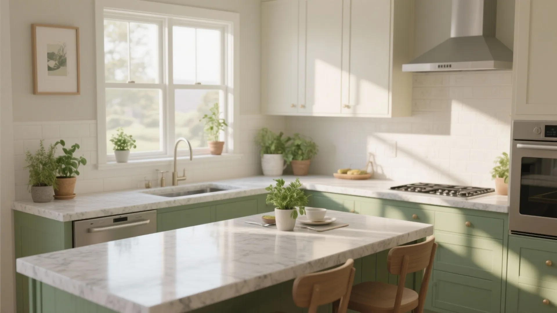Bright kitchen design with green cabinets white marble countertop wooden chairs and large sunny windows