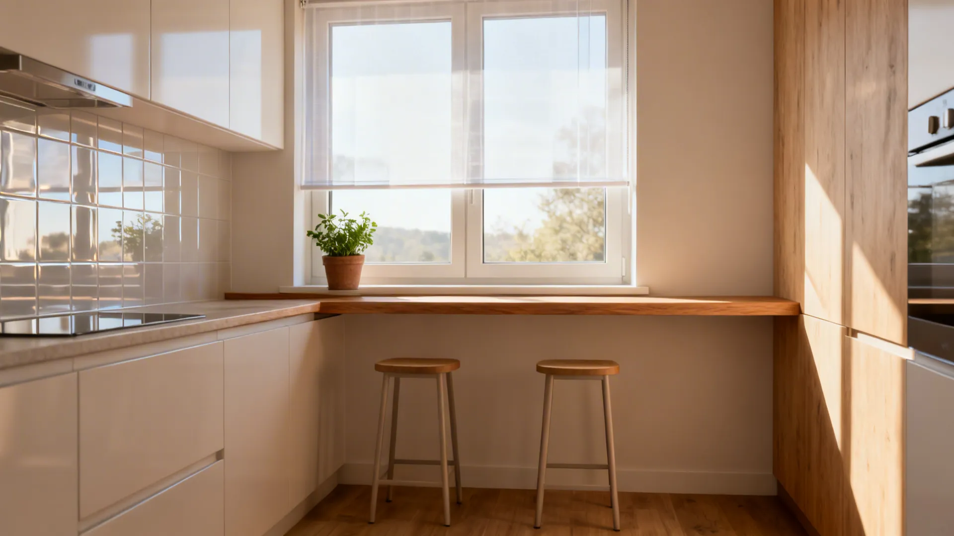 Window-facing slim breakfast bar with two stools, warm wood, and morning light in a small kitchen.