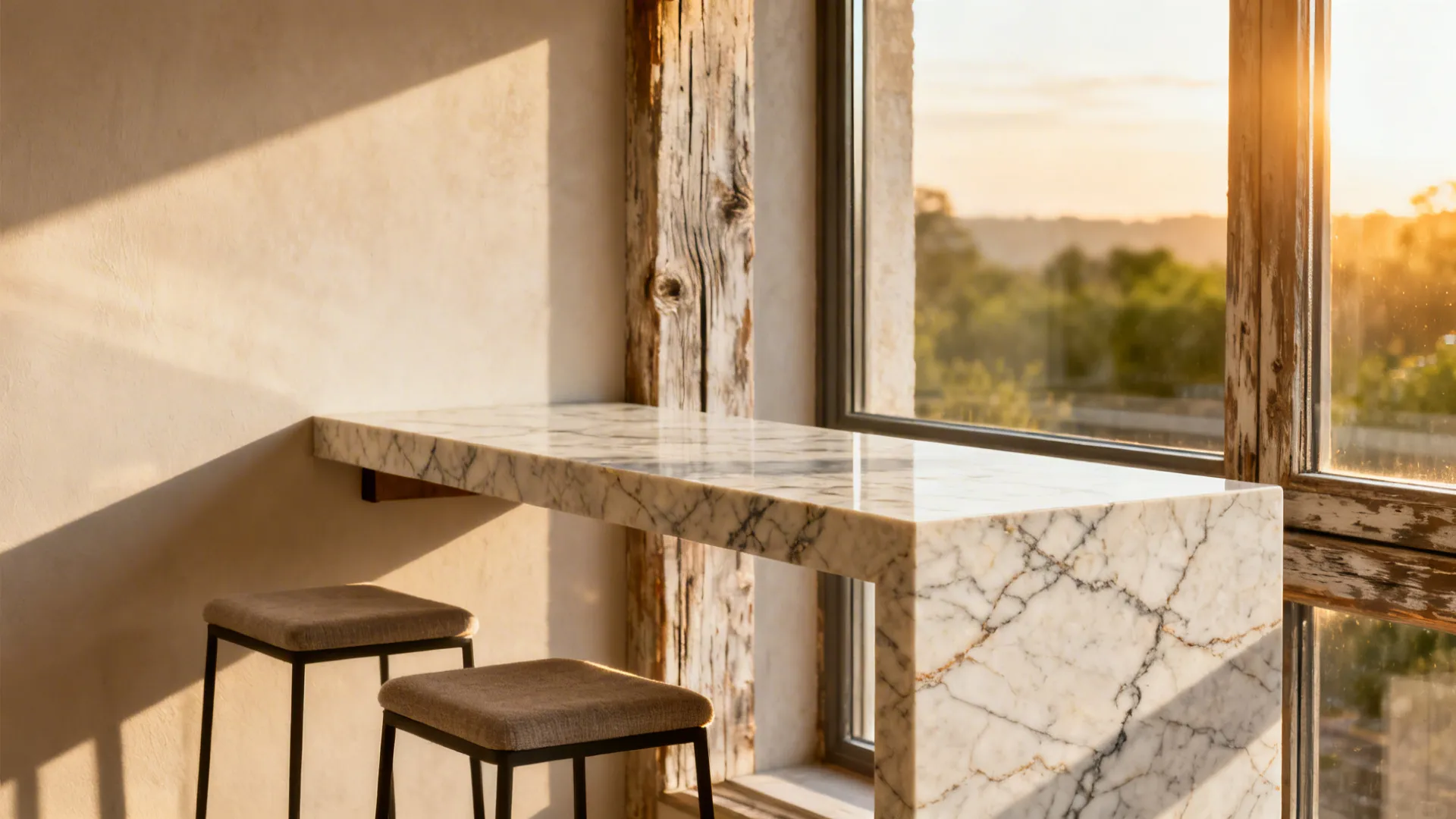 Window-facing wall-mounted breakfast bar with thin stone slab and sunlight streaming in.