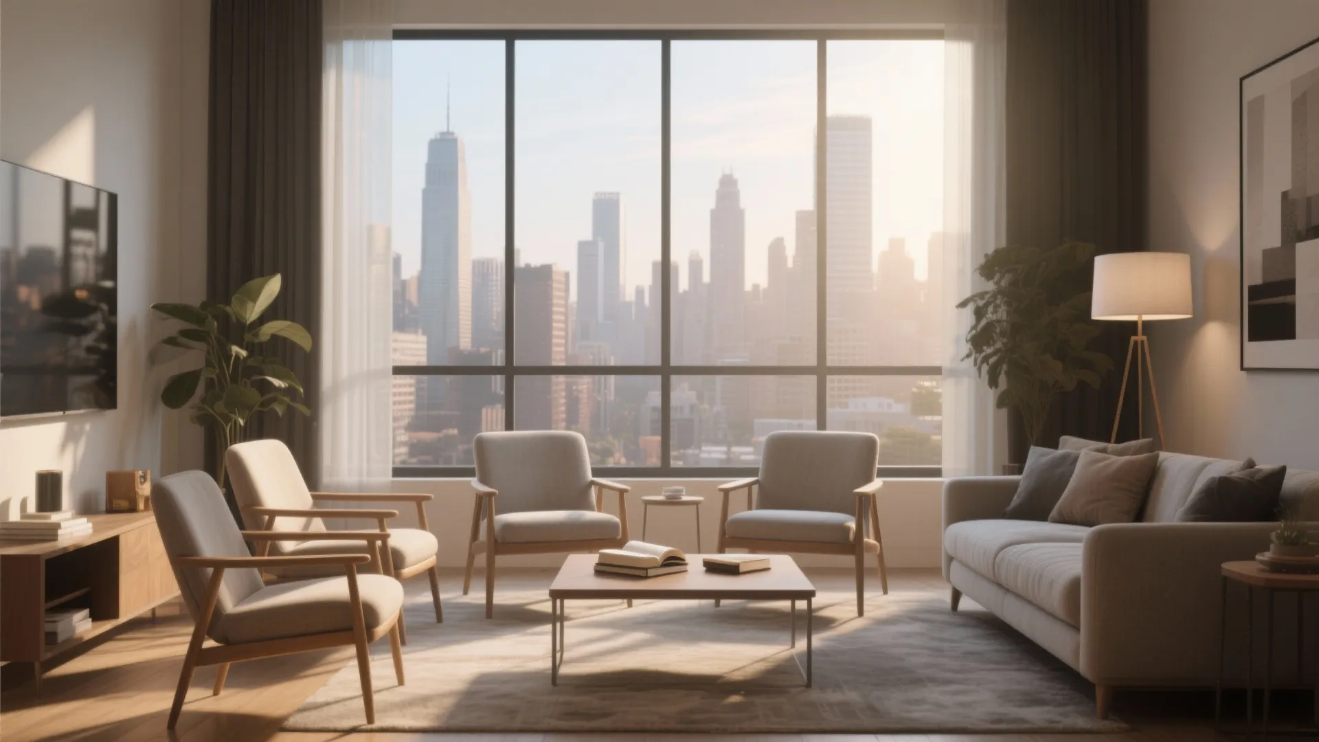 Four chairs facing a panoramic city view window