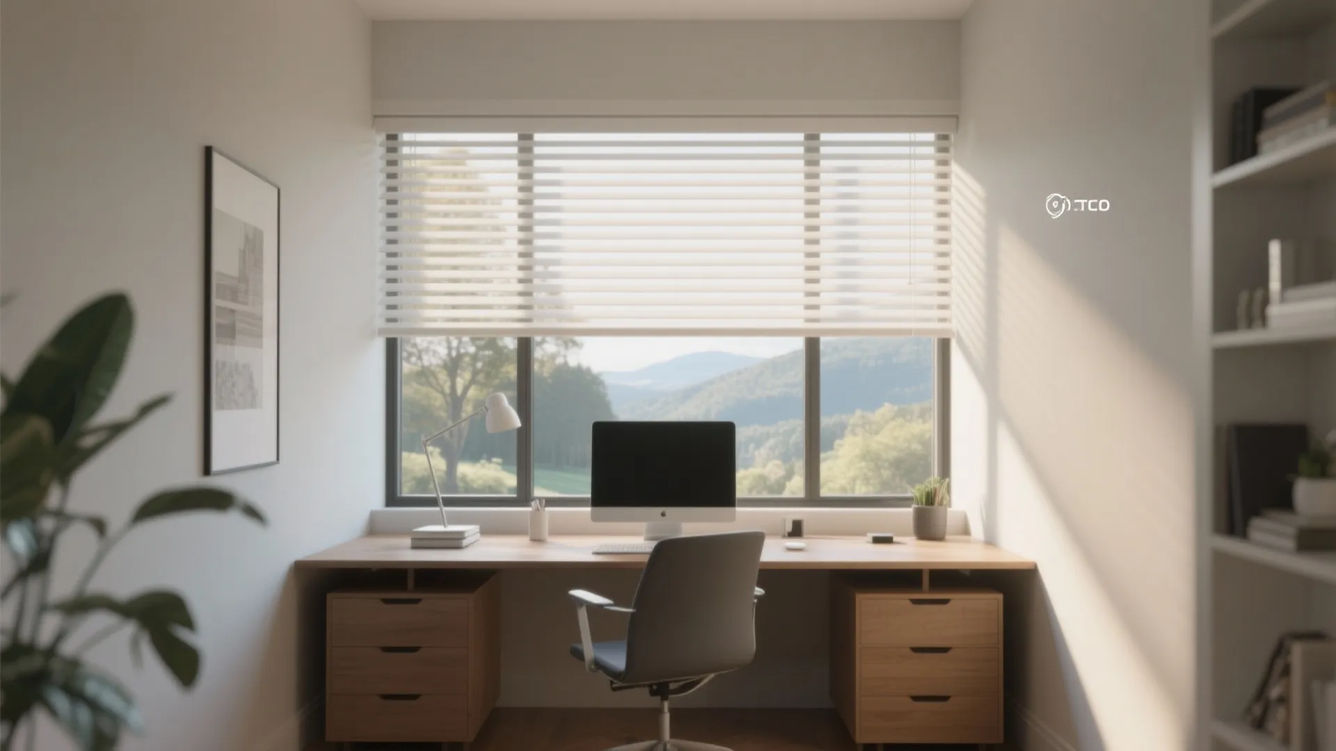 Wooden desk facing a window with blinds featuring a computer chair drawers and outdoor view