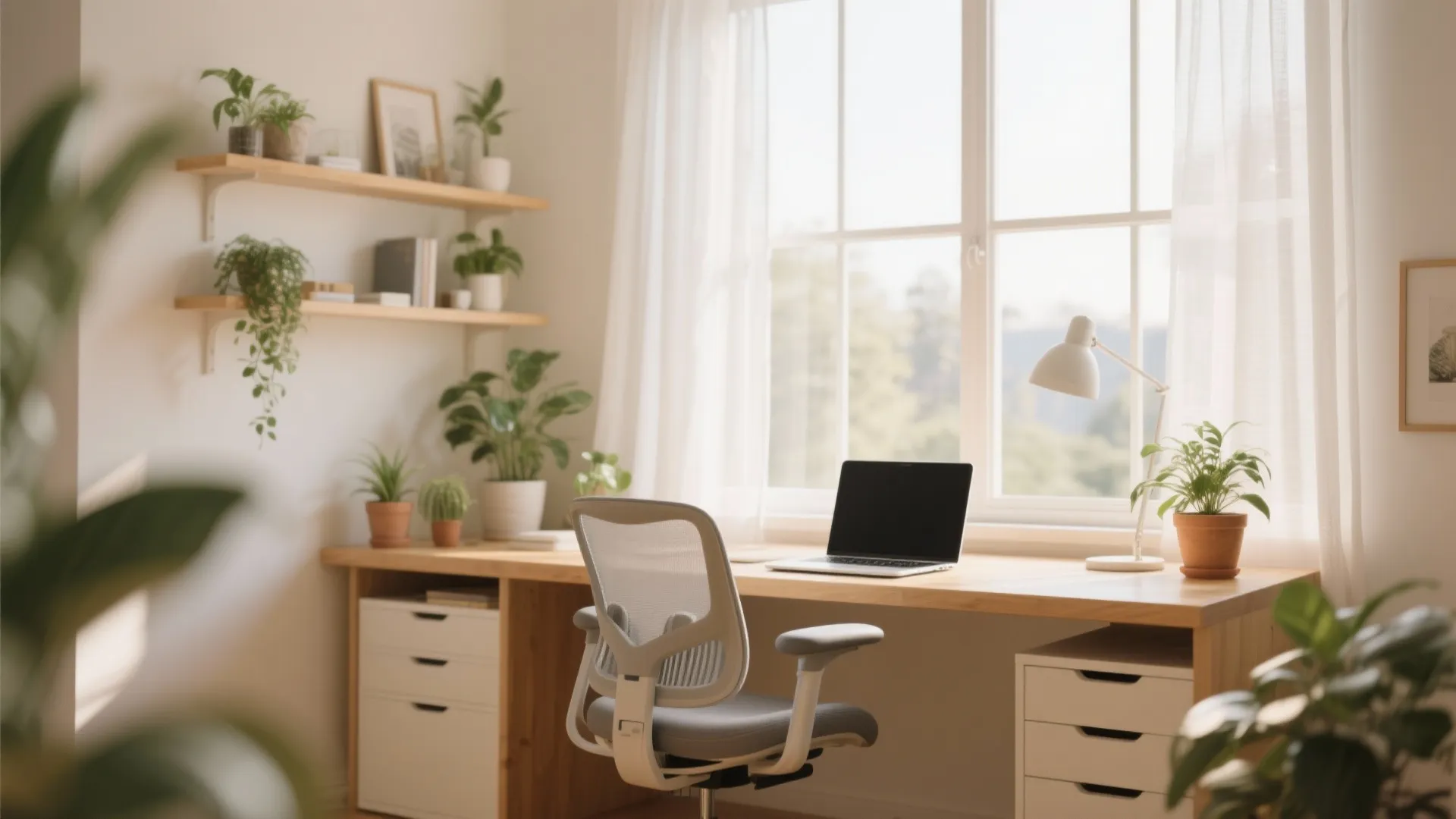 Bright home office featuring a desk facing windows office chair laptop and many green plants