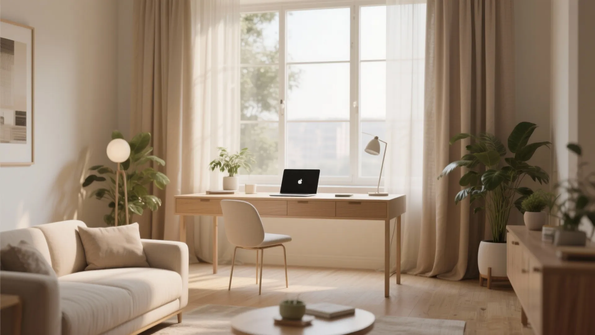 Bright home office with wooden desk facing window cream curtains laptop chair and indoor plants