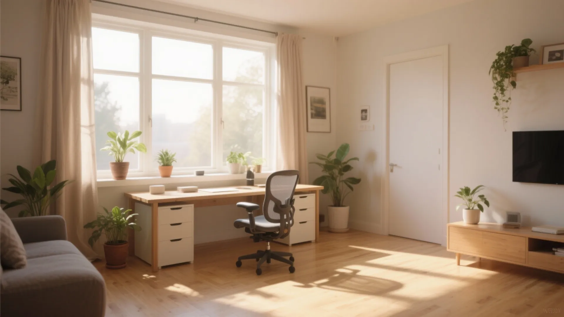 Bright home office with wooden desk facing large windows light green plants and grey chair