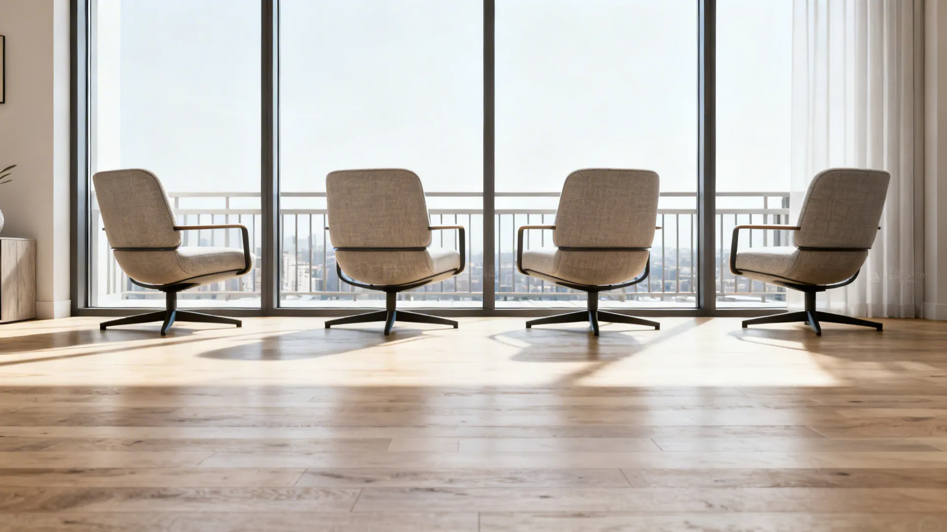 Four low-profile swivel chairs lined by a large window, maximizing light and view.