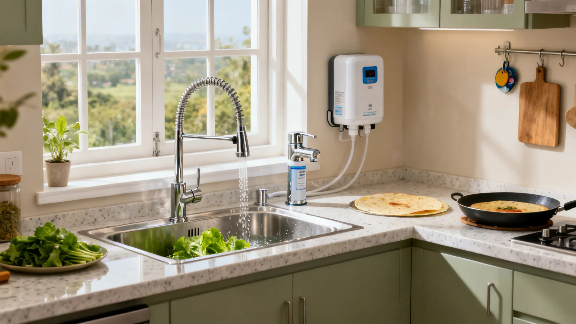 Window-facing Indian kitchen sink with pull-down faucet and dedicated RO tap on a light-filled peninsula.