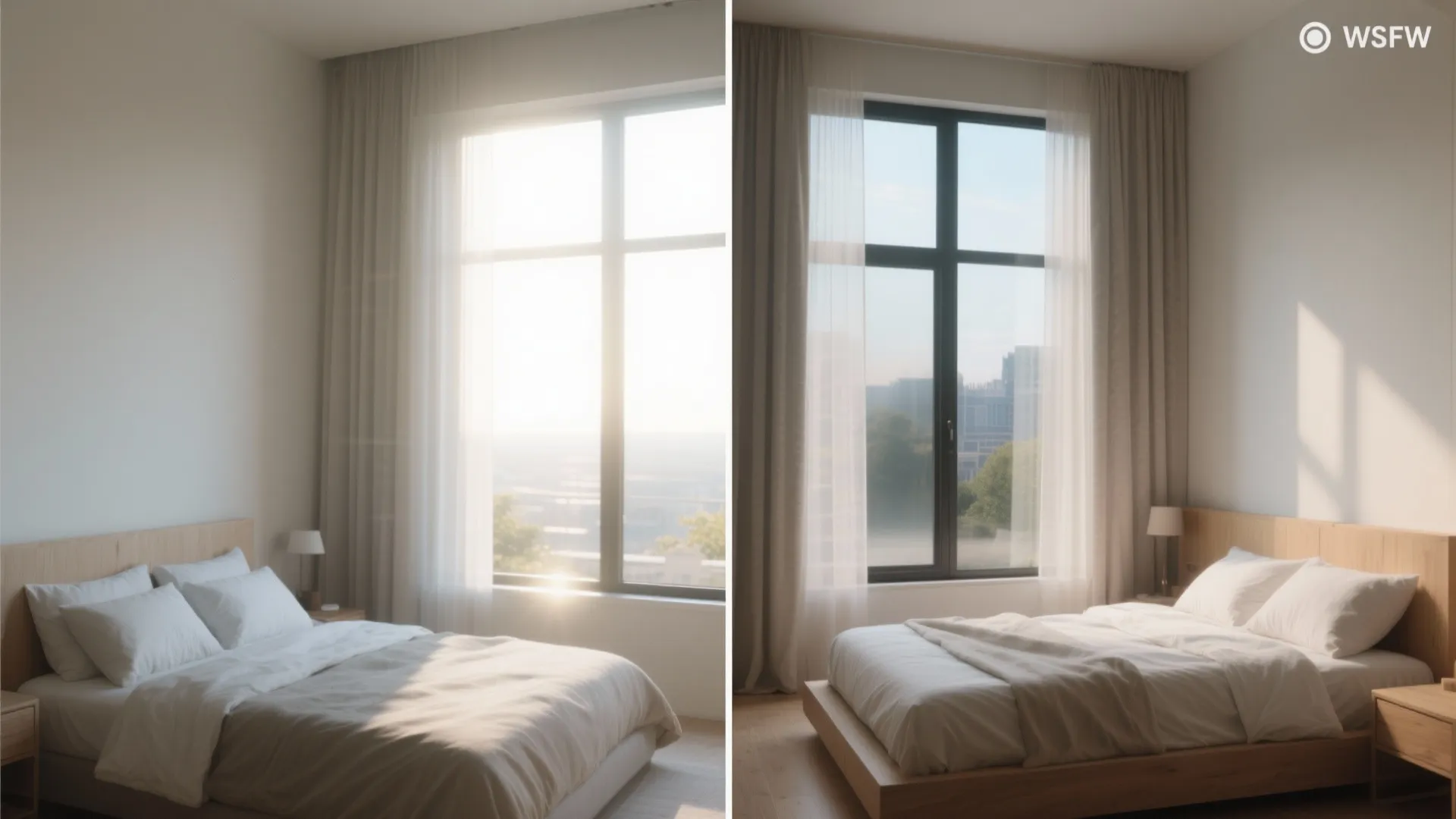 Before and after comparison of bright sunlight versus soft filtered light in a modern bedroom