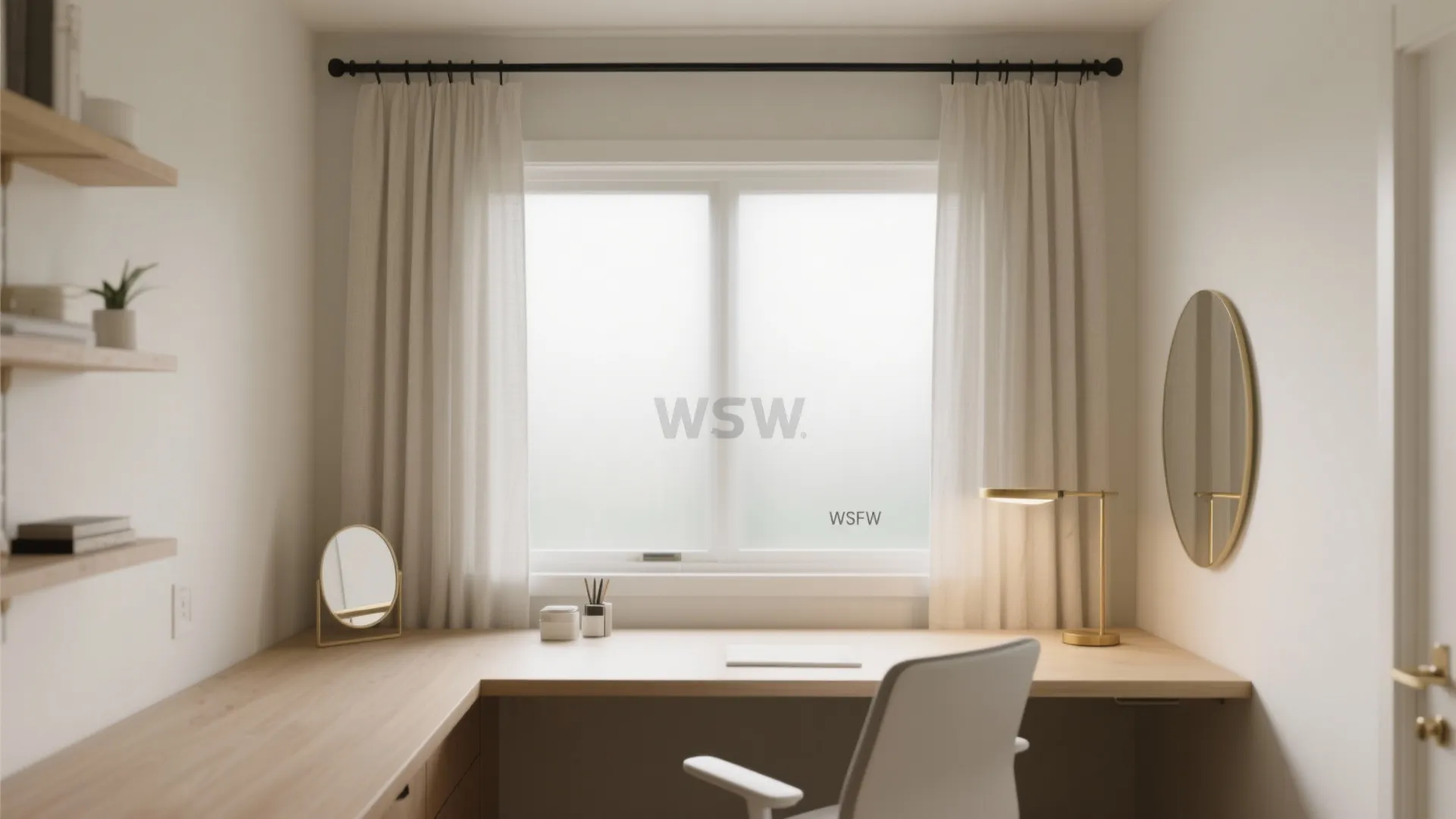 Minimalist home office desk with white chair, frosted window film, beige curtains, and gold mirror