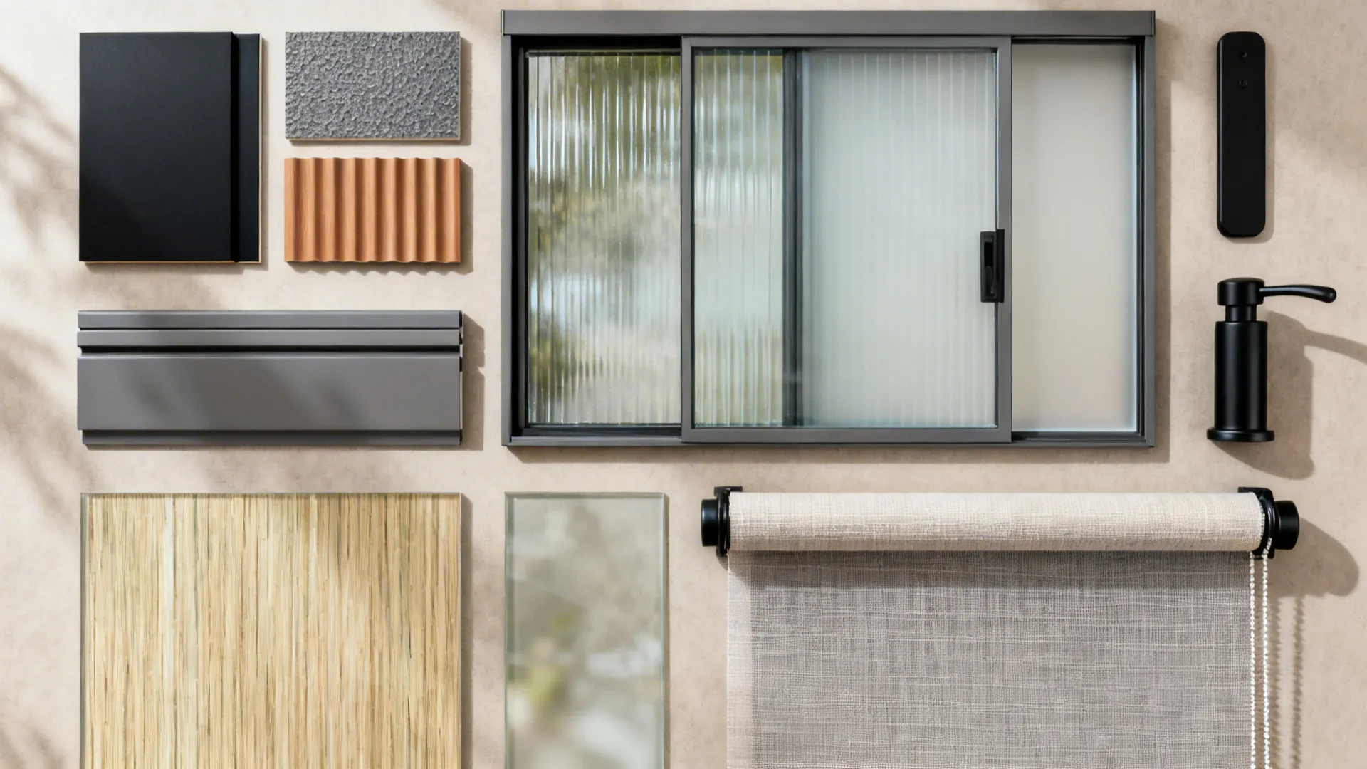 Selection of window design materials including frosted glass samples roller blinds and black metal hardware