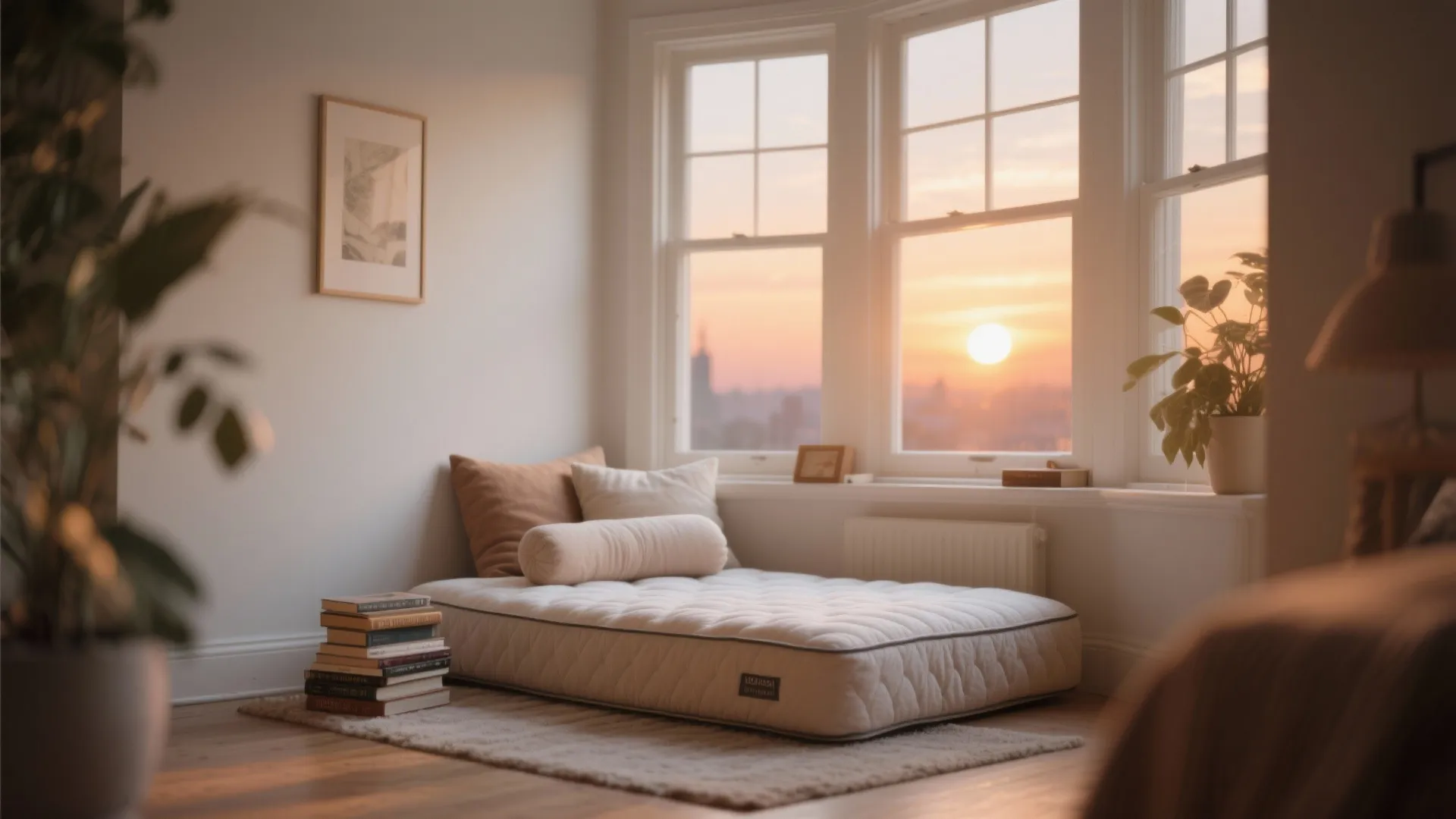 Cozy bay window floor lounge with cushions and mattress pad
