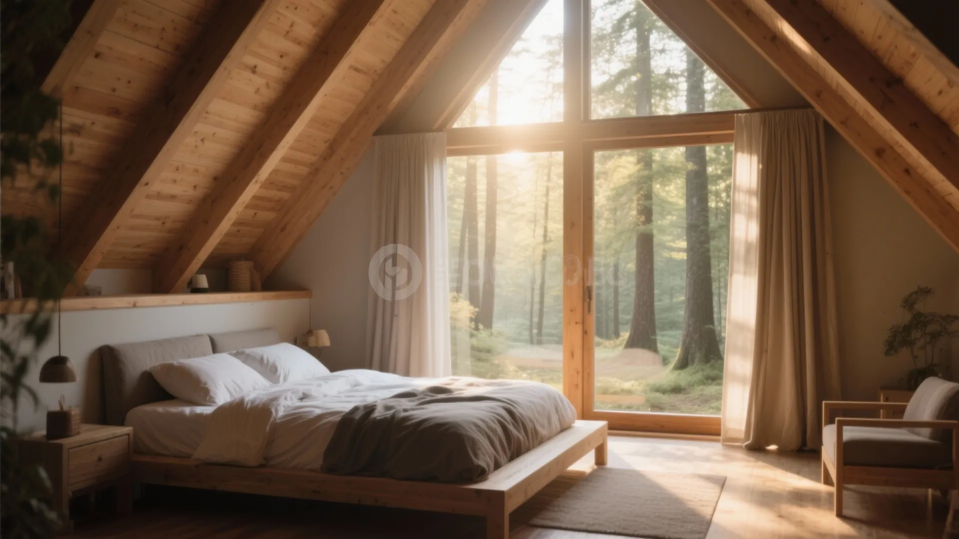Bed facing large window with forest view in A-frame