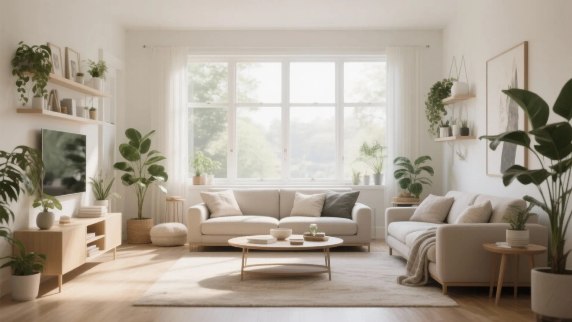 Living room seating oriented towards a bright large window