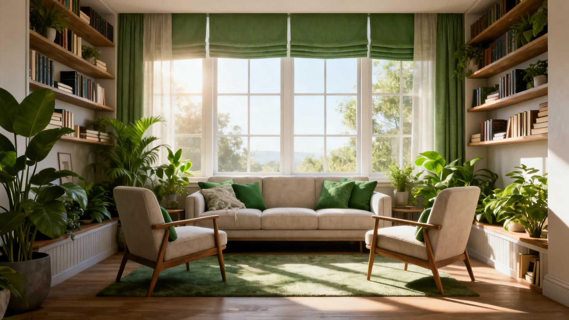 Living room with sofa facing a bright window and two chairs forming a reading corner