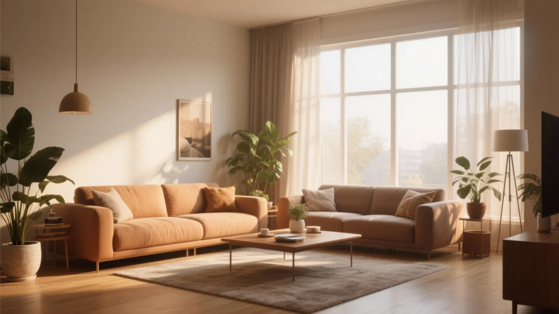 Warm living room with brown sofas coffee table rug ceiling light and large windows with sunlight