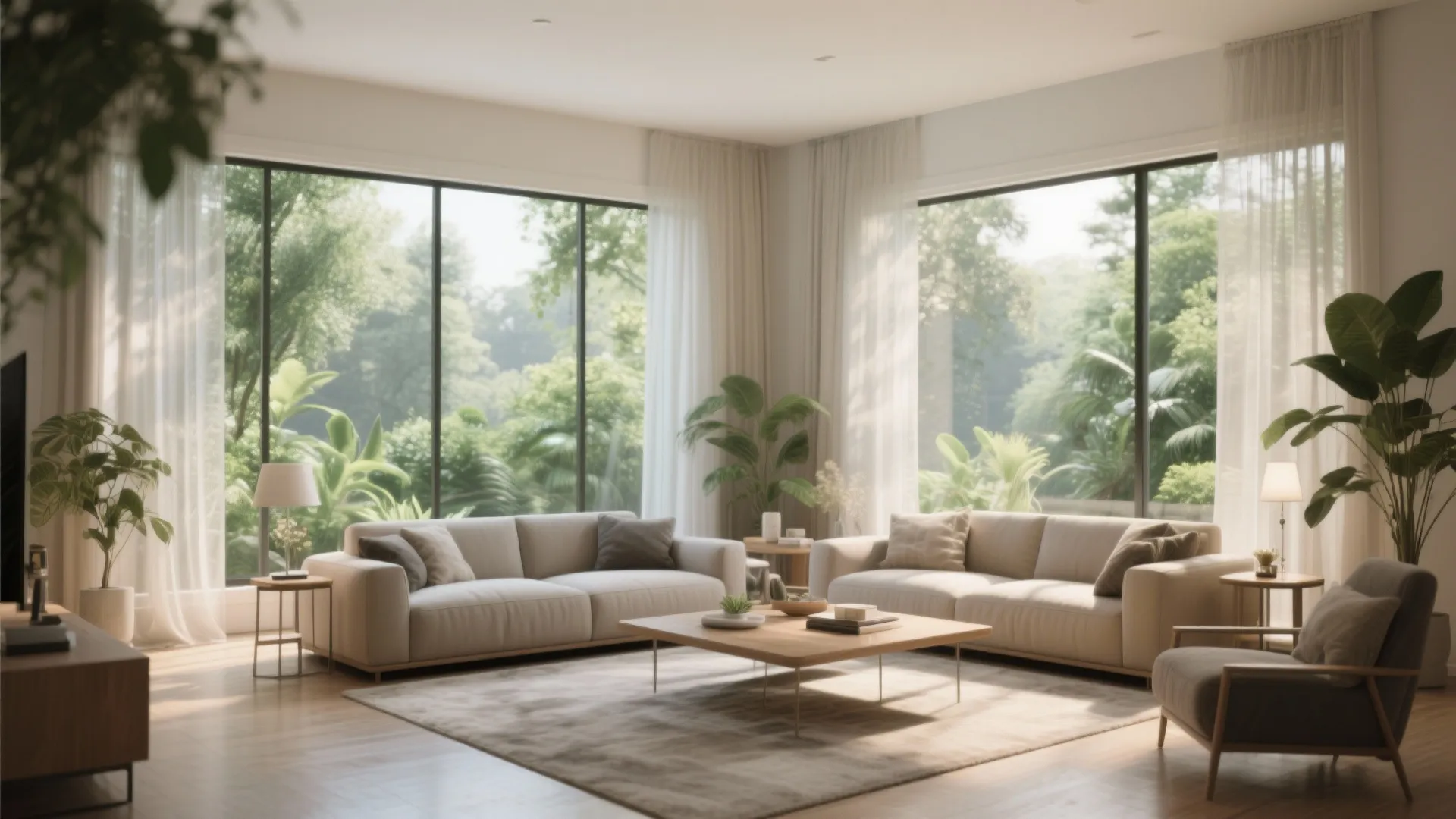 Sunny living room with large windows white sofas wooden coffee table grey armchair and green plants