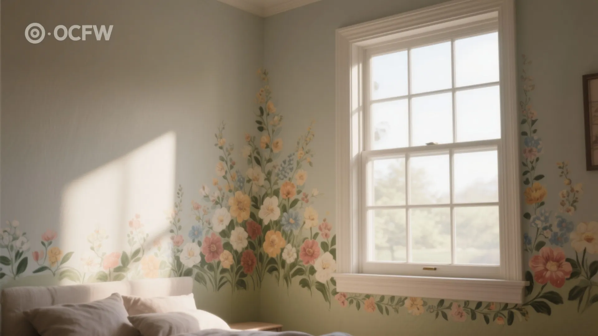 Bedroom with floral wall panel decoration around white windows and sunlight hitting the light walls