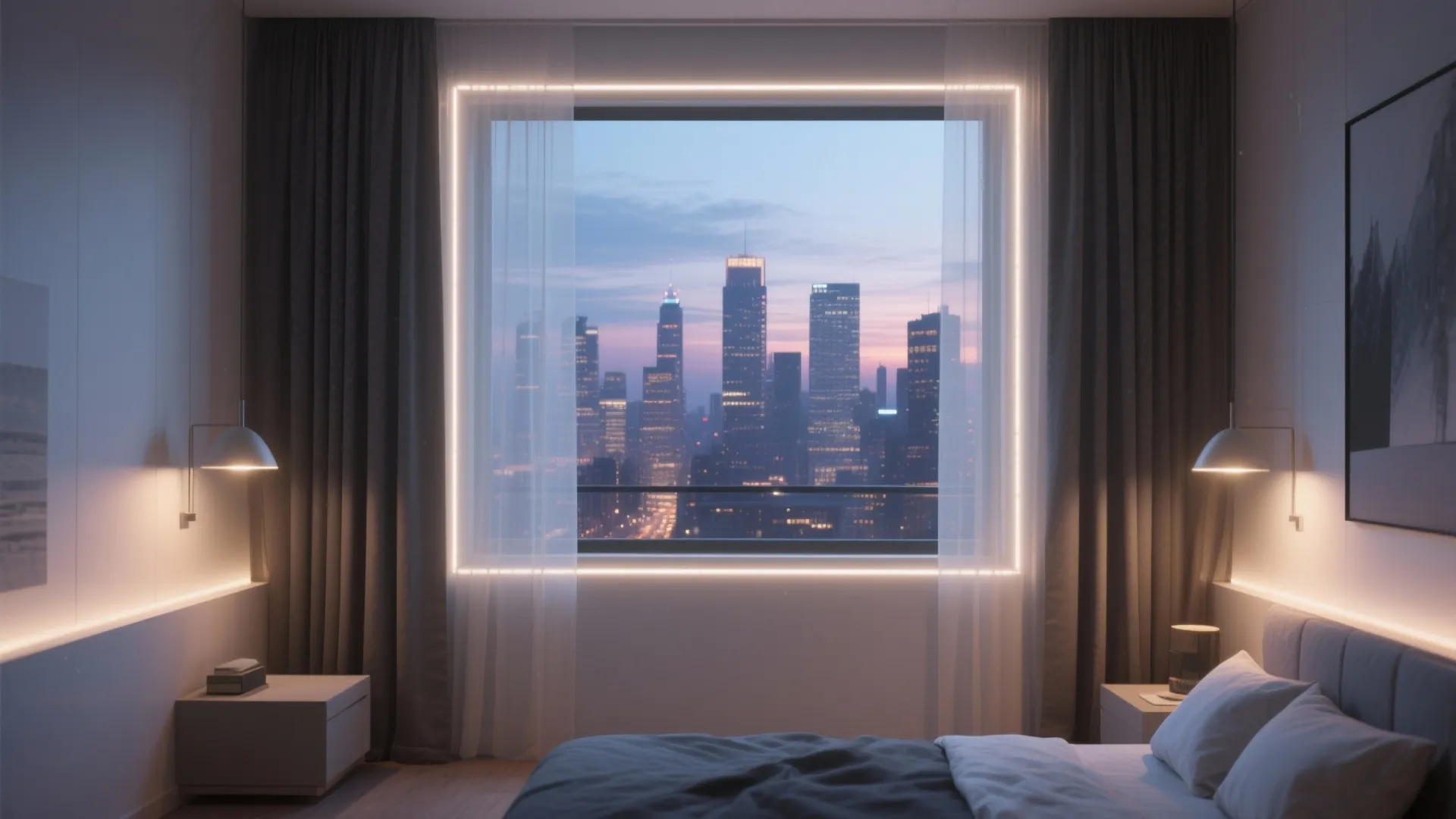 Bedroom window outlined with warm LED glow