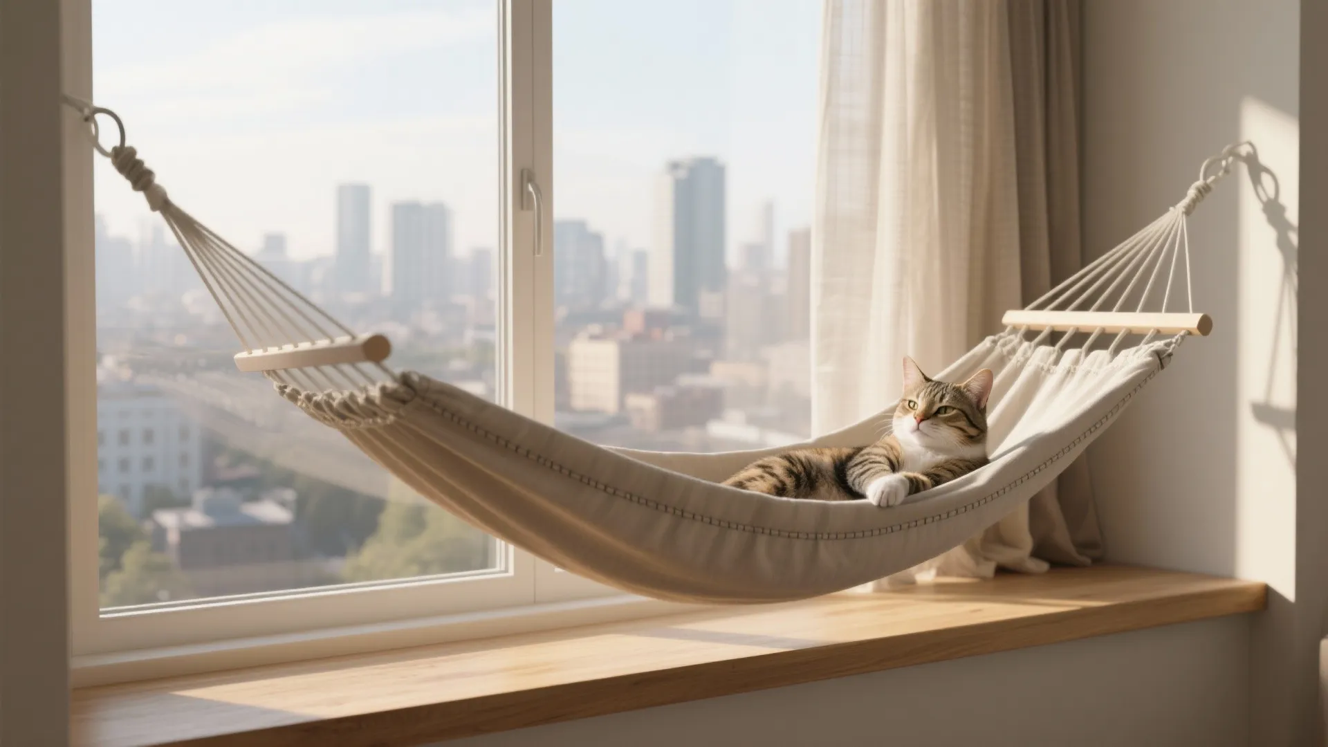A slim UV-resistant fabric window hammock installed in a small apartment window with a cat lounging.