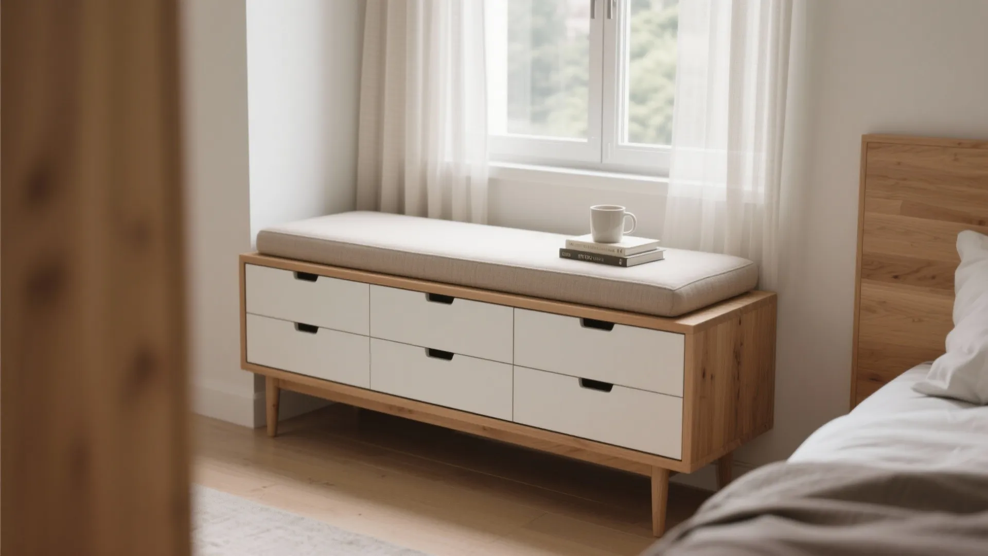 Window-height credenza with deep drawers