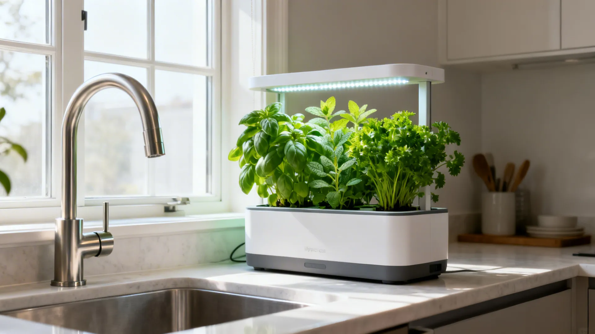 Compact hydroponic herb unit by a bright kitchen window with integrated LEDs and lush green growth.
