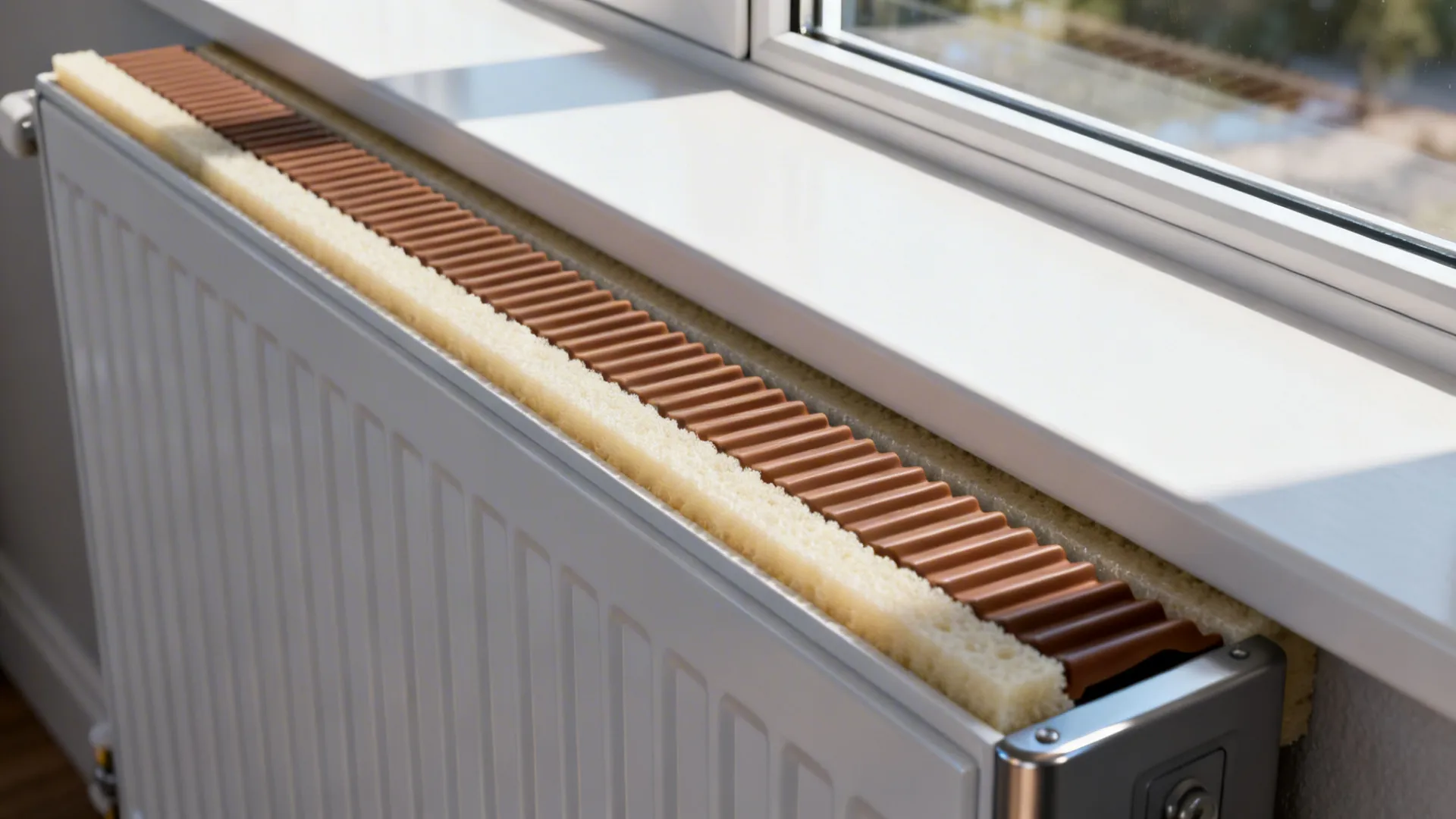 Slim window inverter aircon installed with foam seals and weatherstripping for good insulation.