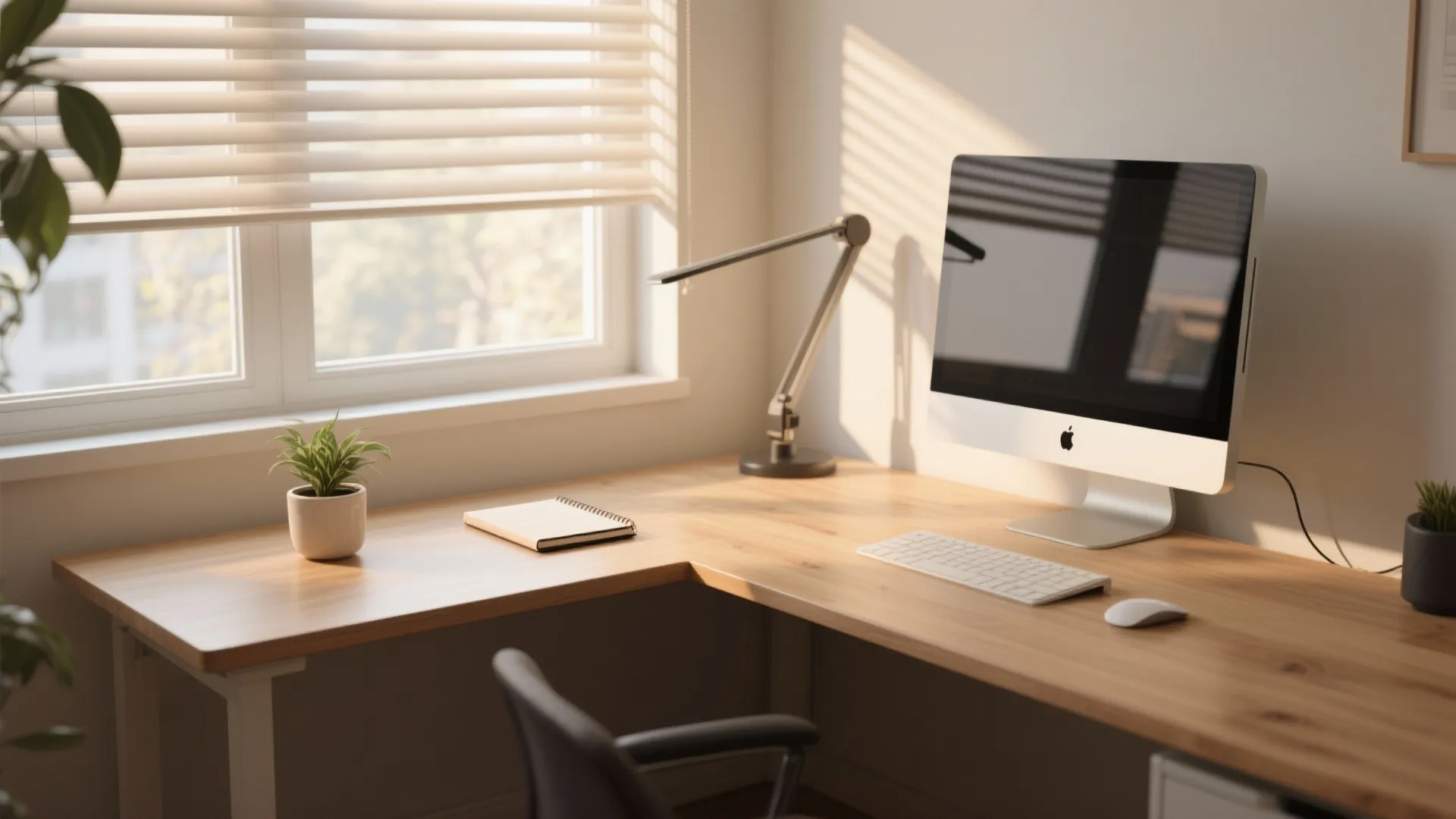 Modern wooden corner desk with a computer monitor lamp notebook and small plant near a window
