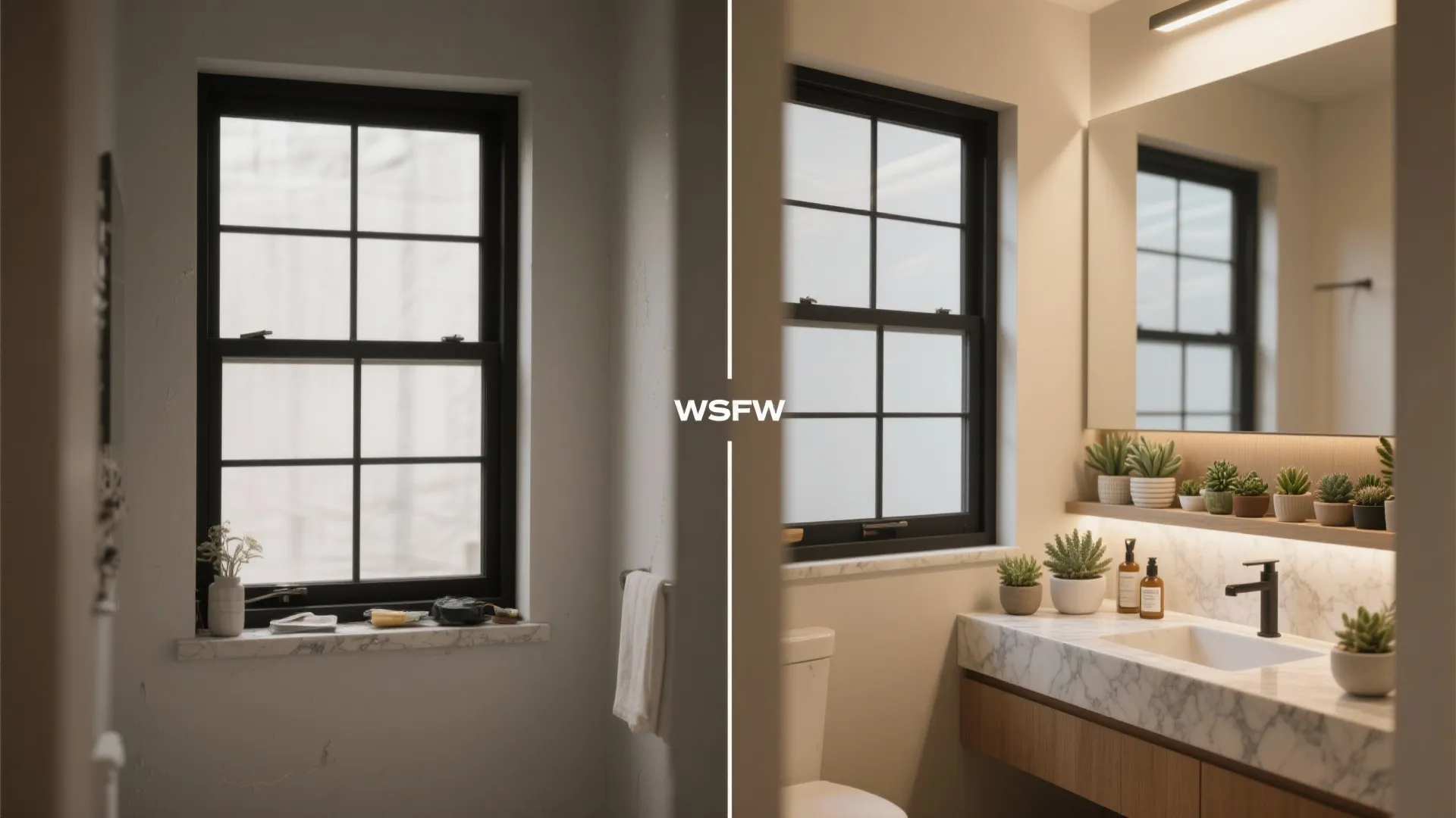 Before-and-after of a tiny bathroom window ledge upgraded to a deep honed quartz sill with tidy storage.