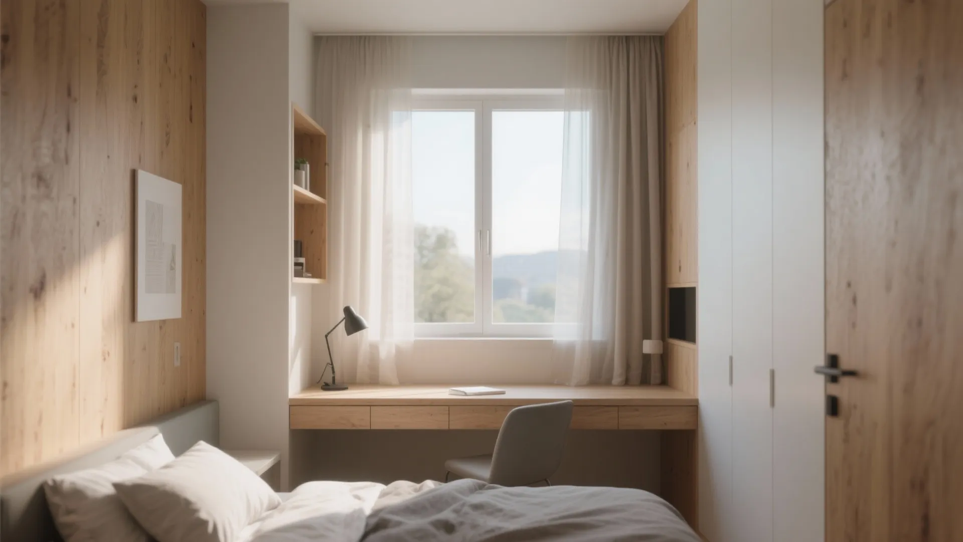 Minimalist bedroom with wooden desk built into the window ledge under white curtains and sunlight