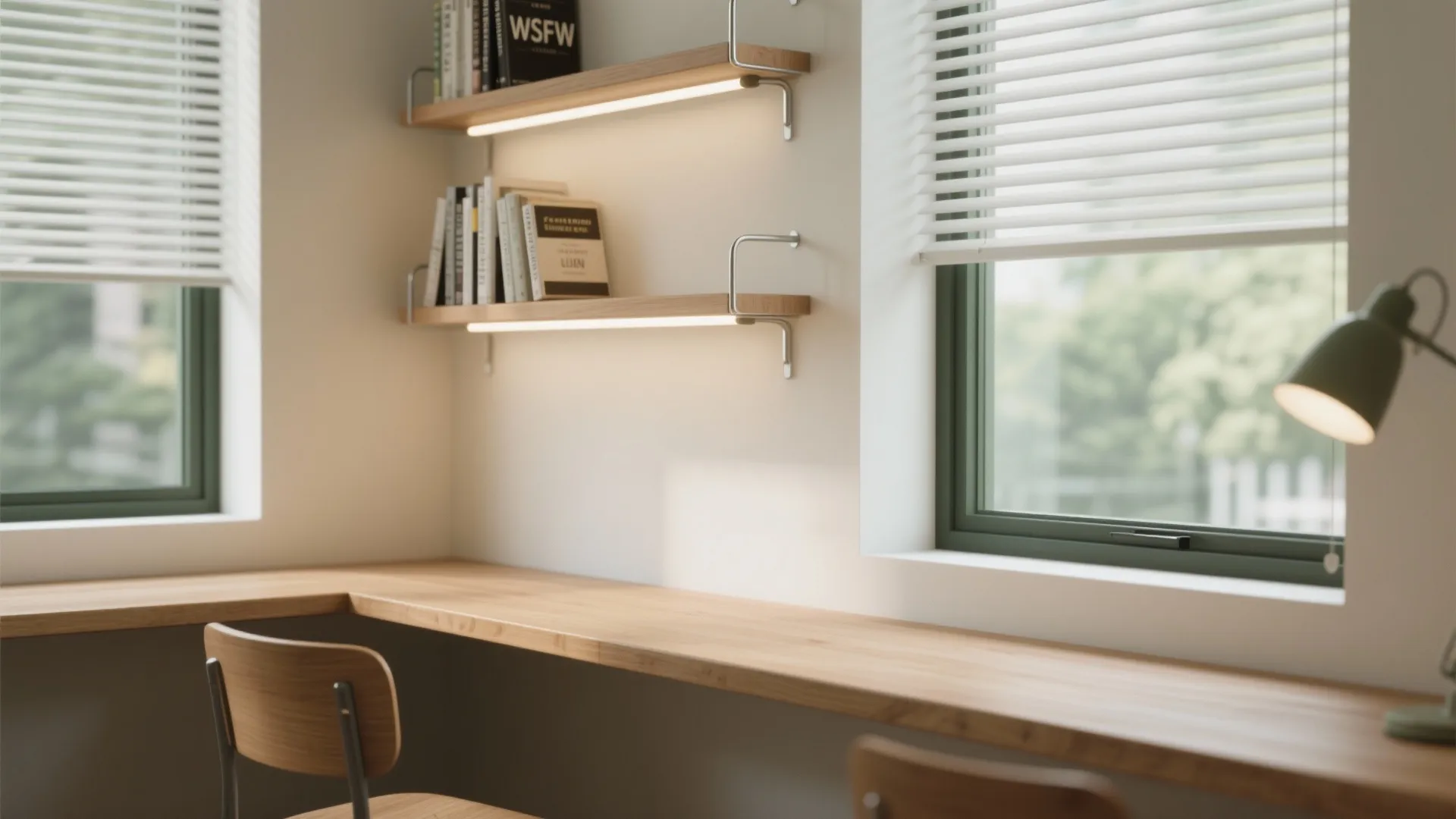 Long wooden window desk with wall shelves light fixture books chairs and white window blinds