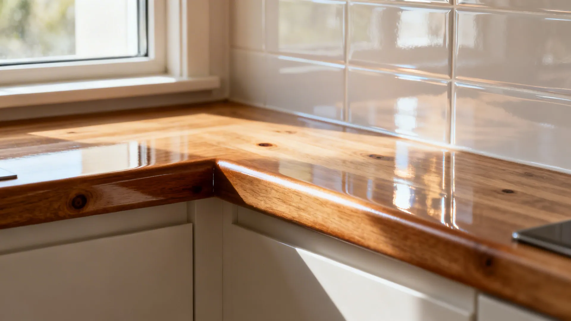 Close-up of a satin-finished wood window ledge with soft daylight and a glossy backsplash reflection.
