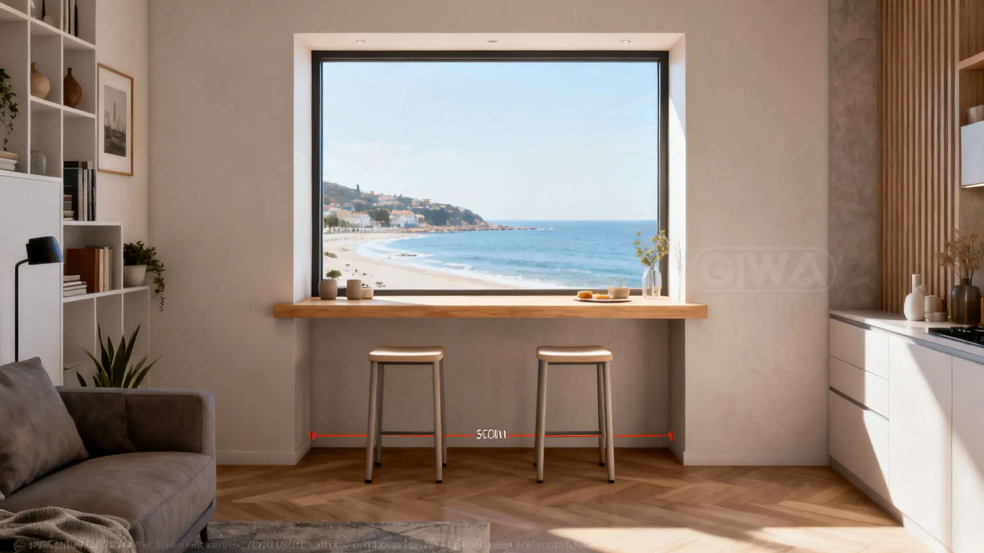 Window ledge dining with two slim backless stools and bright daylight view