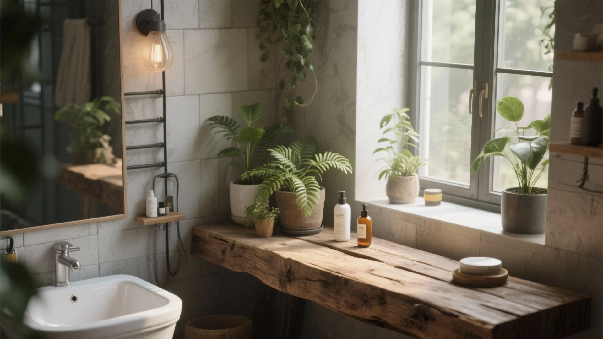 Rustic wooden window ledge extension in a bathroom