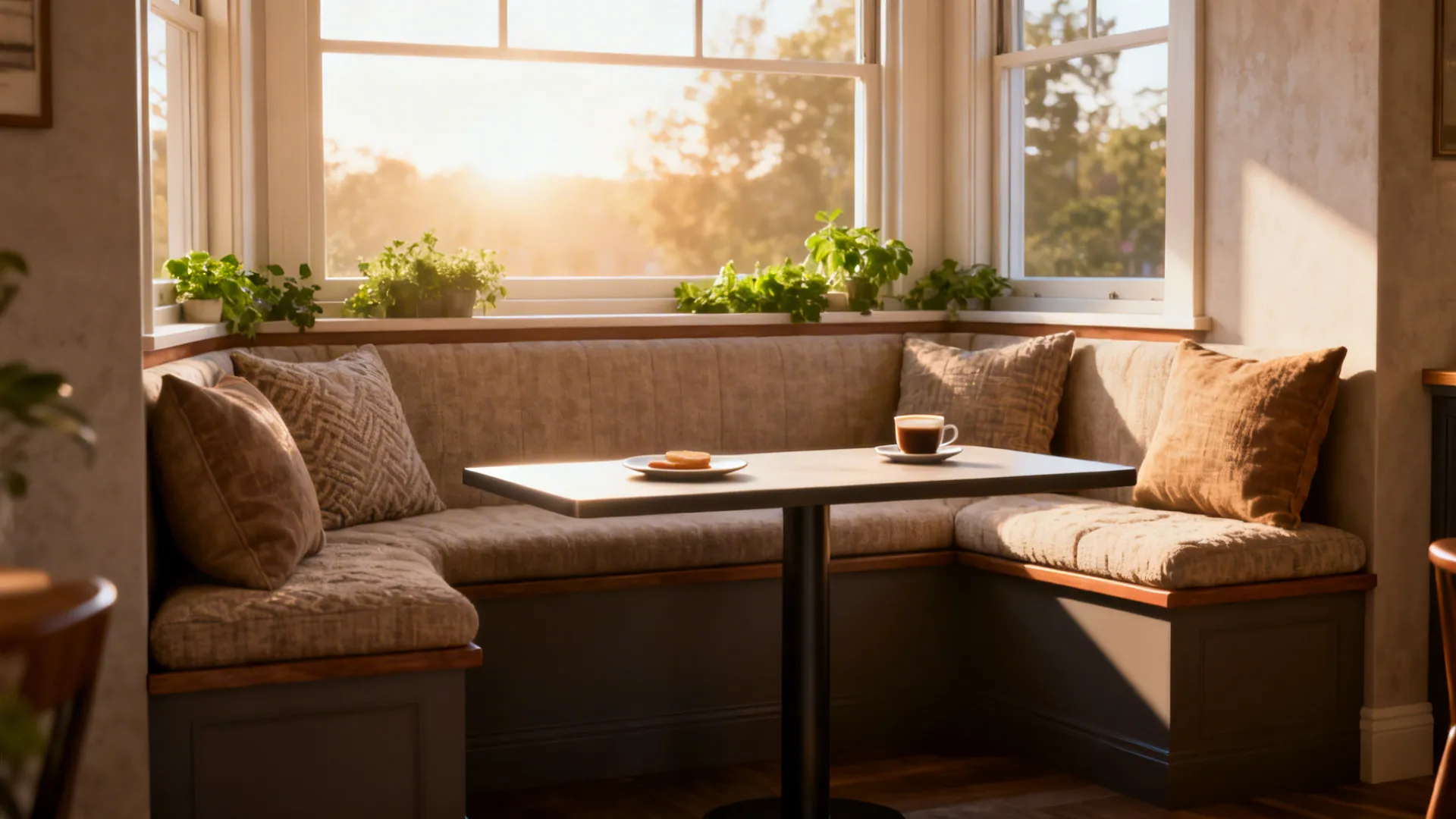 Window-height breakfast ledge with cushion and a narrow bar table bathed in morning light