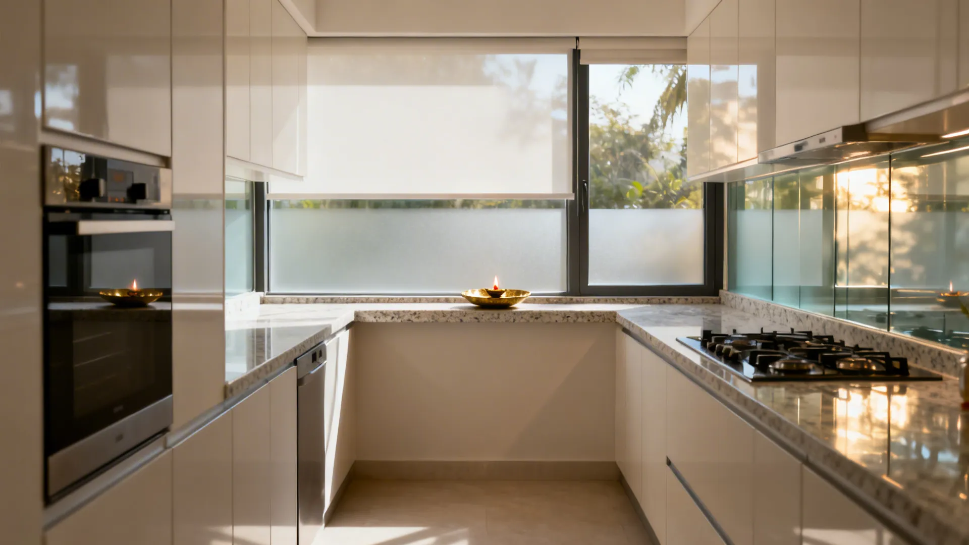 Glass Backsplash Pooja Ledge Across the Window