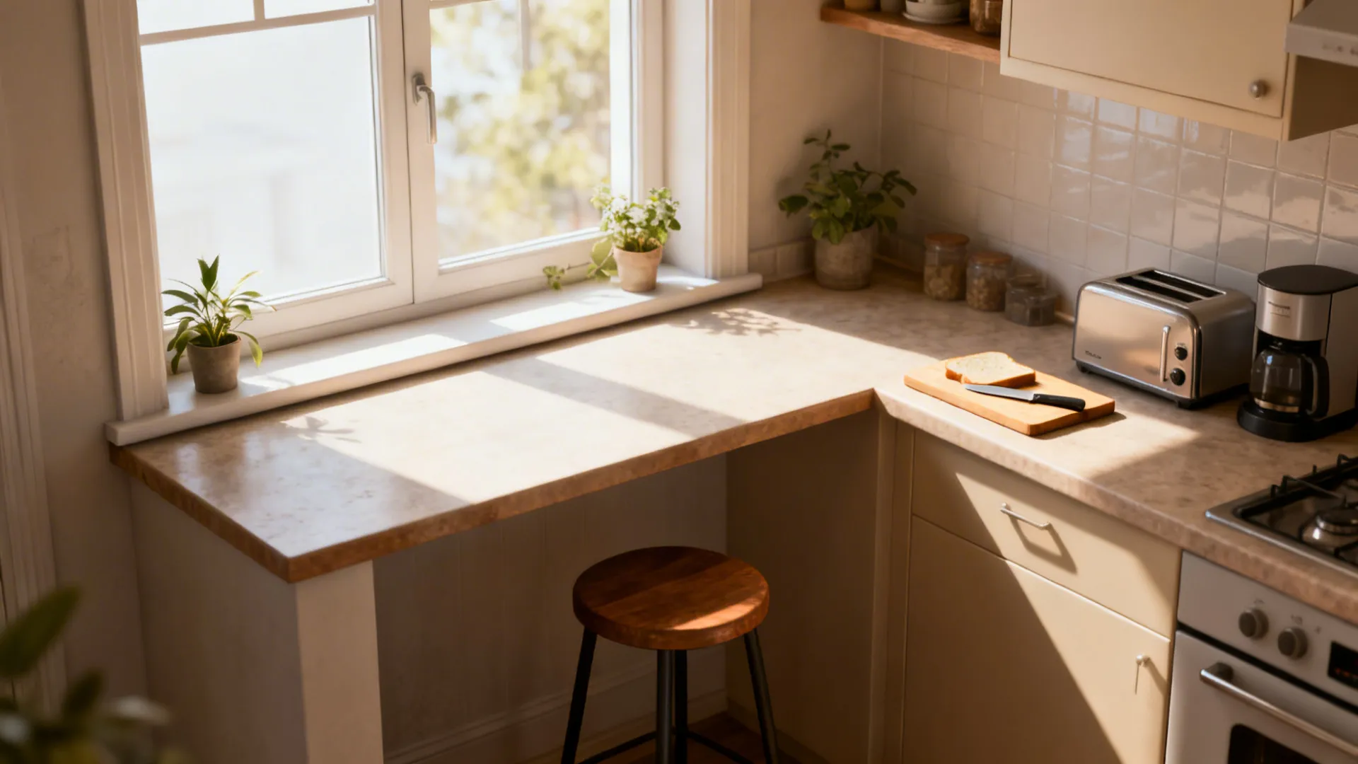 Window ledge converted to prep space in a small kitchen with stool and plants.