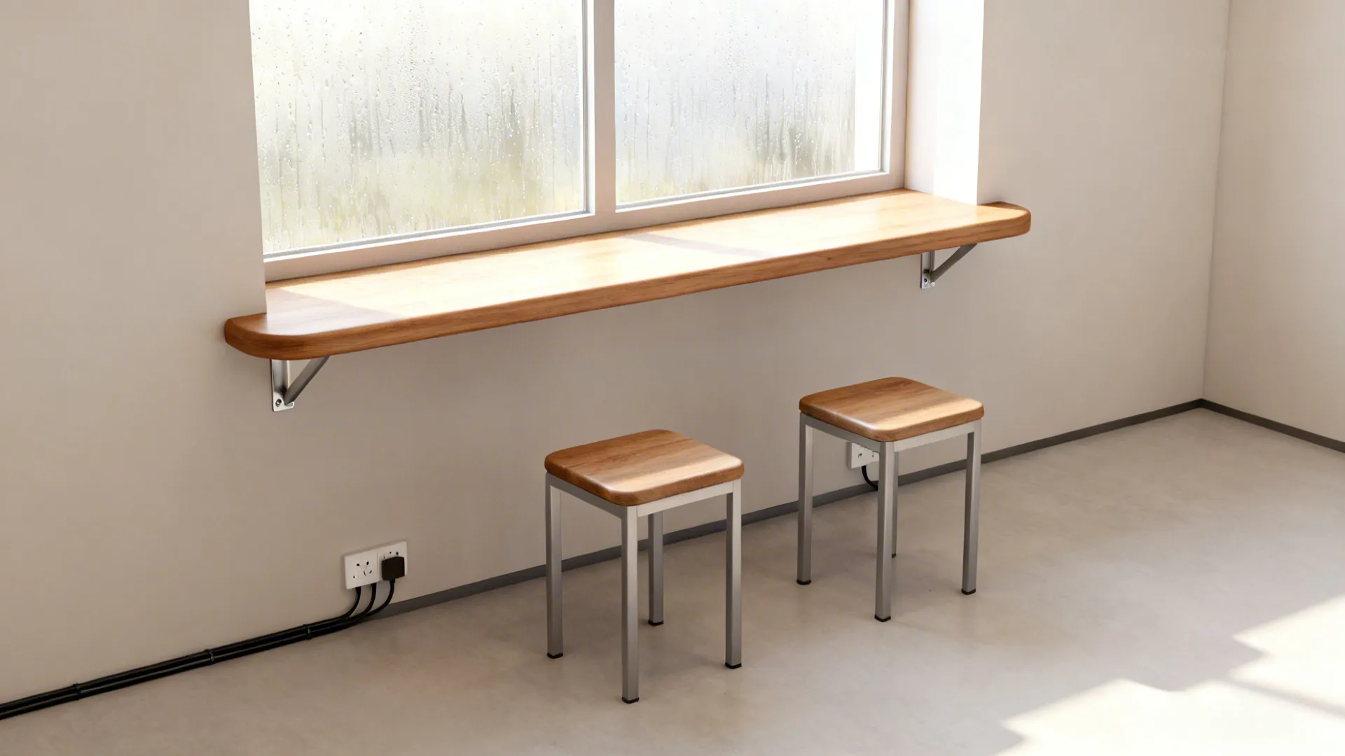 Built-in 12–16 inch window ledge table with compact stools and hidden power channel.