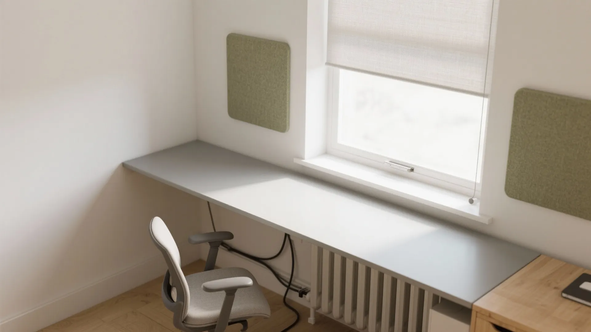 Top view of a long grey desk by a window with a chair and panels