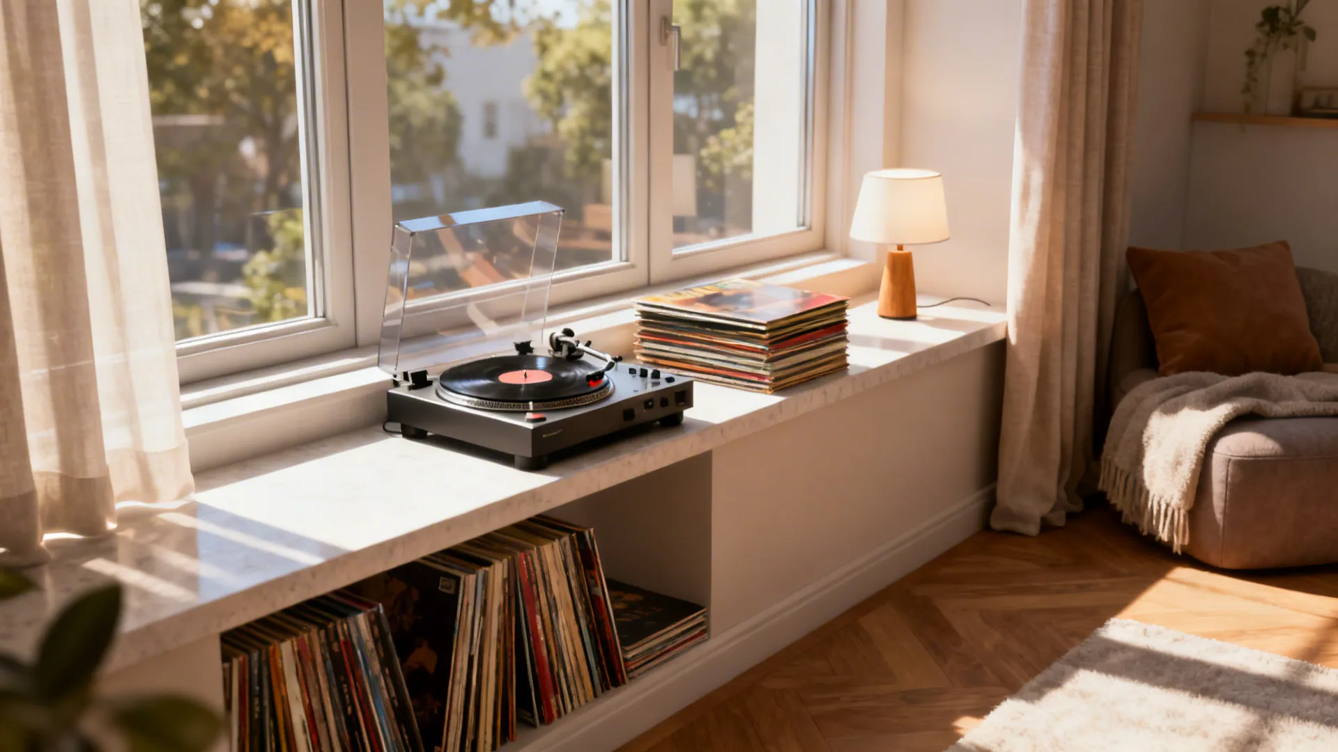 Window ledge turned into a listening spot with a turntable, stacked records, and a lamp
