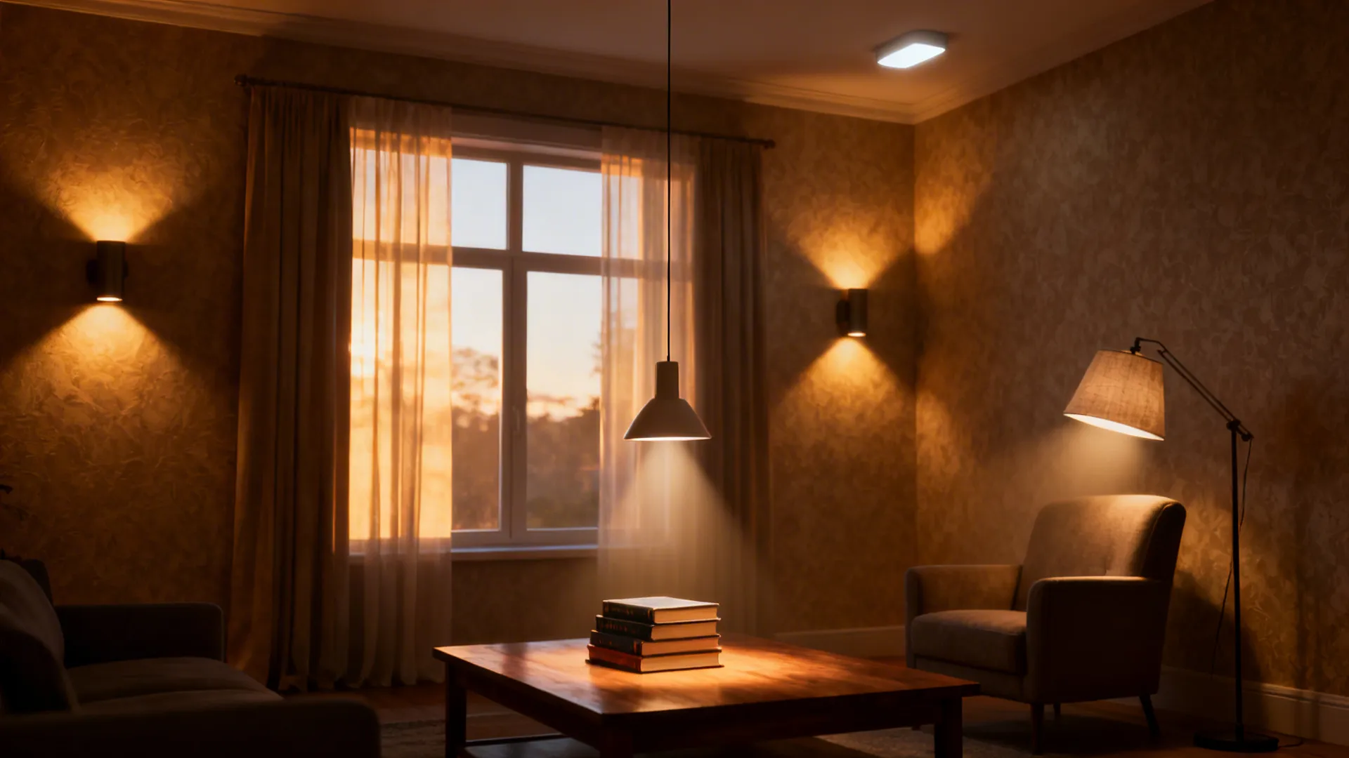 Layered lighting around a large window with wall sconces, pendant and ambient lamps creating warm evening light.