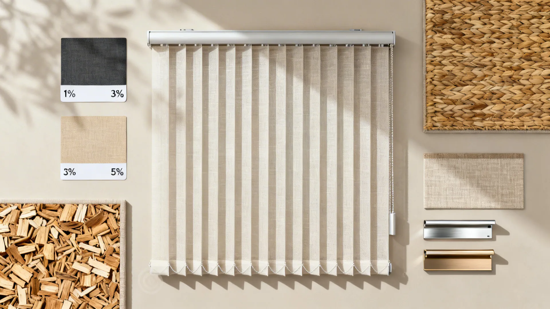 Flat lay of solar meshes, vertical blind samples, woven wood with liner, and panel fabrics.