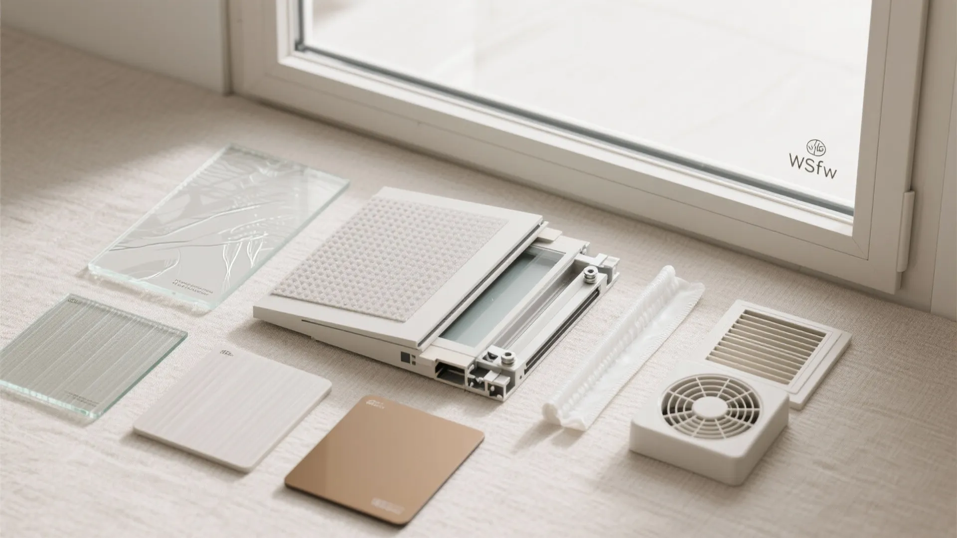 Collection of window frame samples, glass panels, a small fan, and a light brown tile